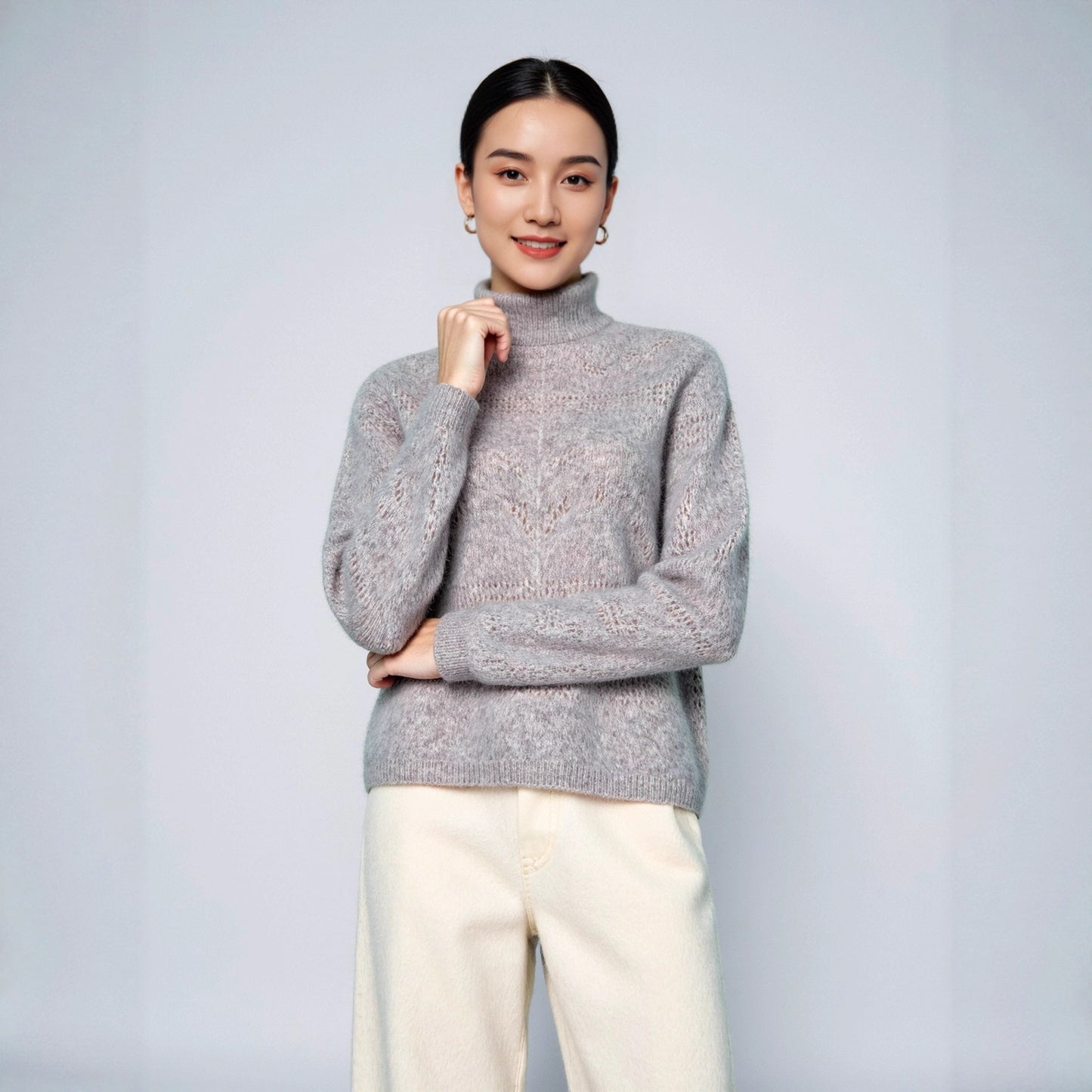 Wool Sweater Elegant Round Neck Hollow Out Jacquard Knitted Base Layer for Women