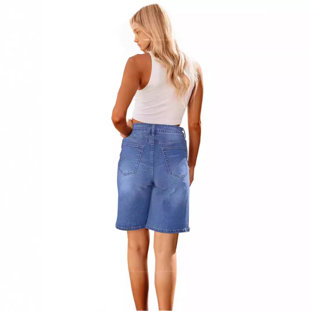 Washed elastic waisted denim cropped pants for women