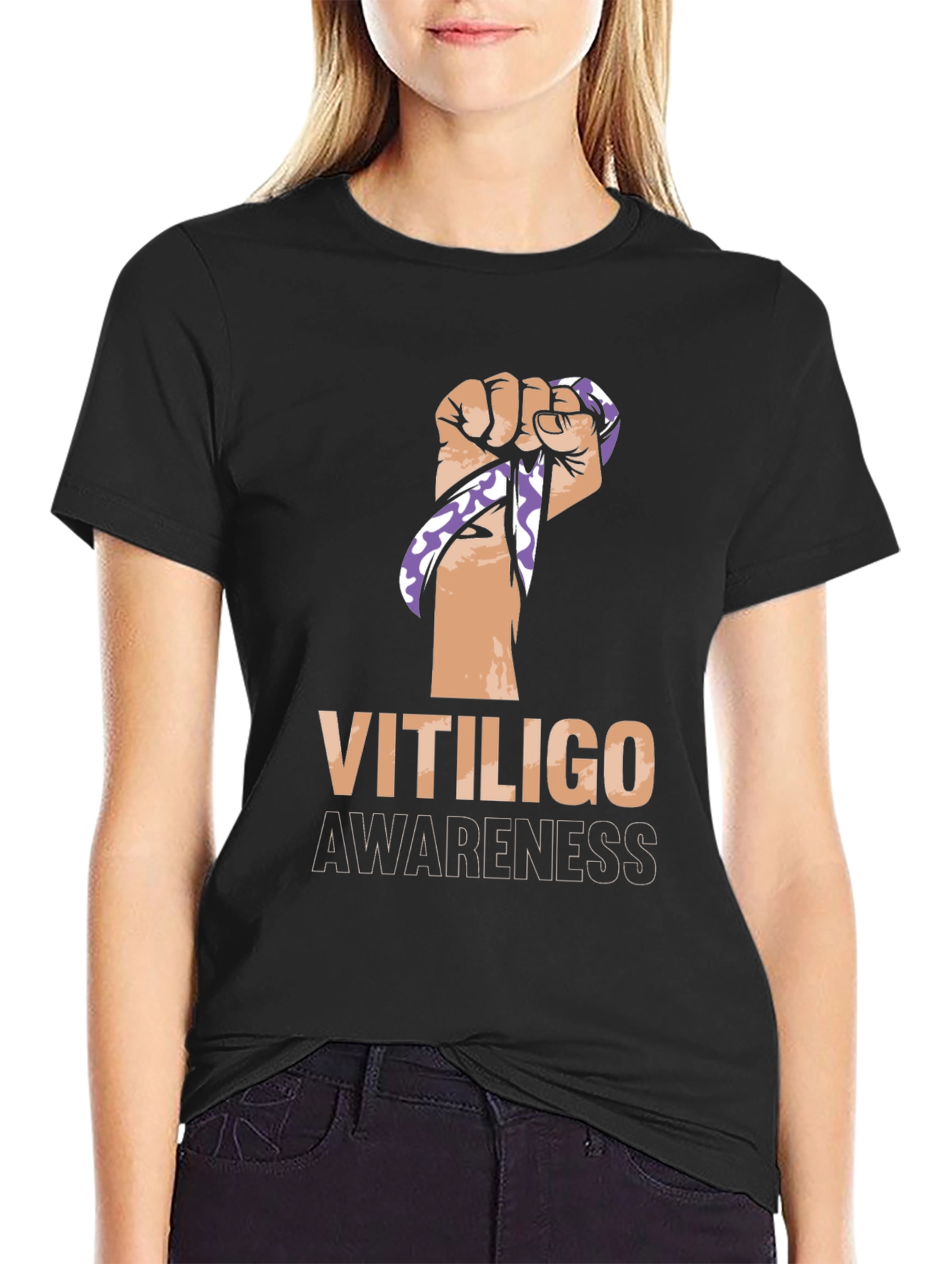 Vitiligo Awareness Ribbon Fist Black T-Shirt