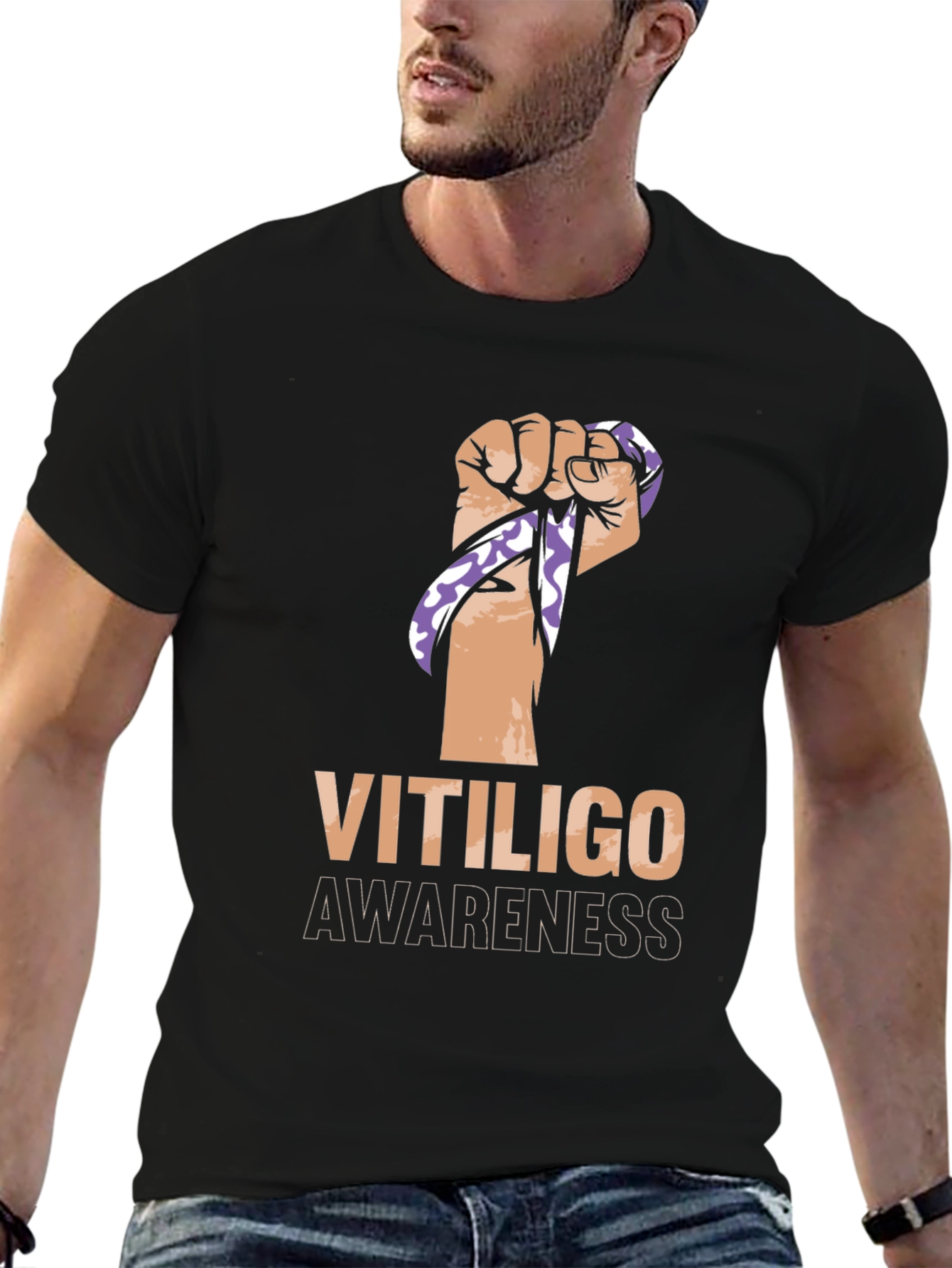 Vitiligo Awareness Ribbon Fist Black T-Shirt
