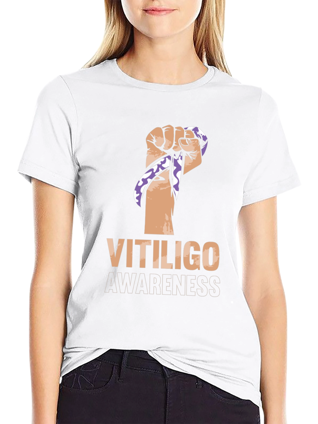 Vitiligo Awareness Ribbon Fist Black T-Shirt