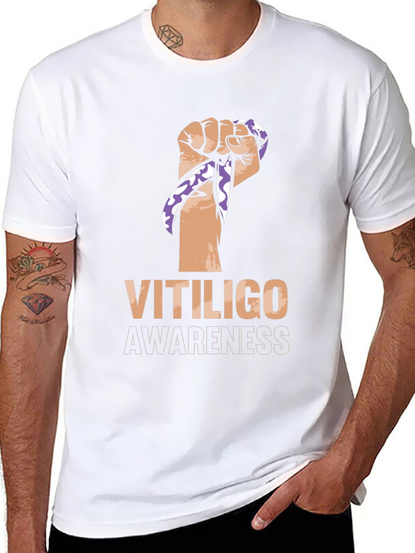 Vitiligo Awareness Ribbon Fist Black T-Shirt