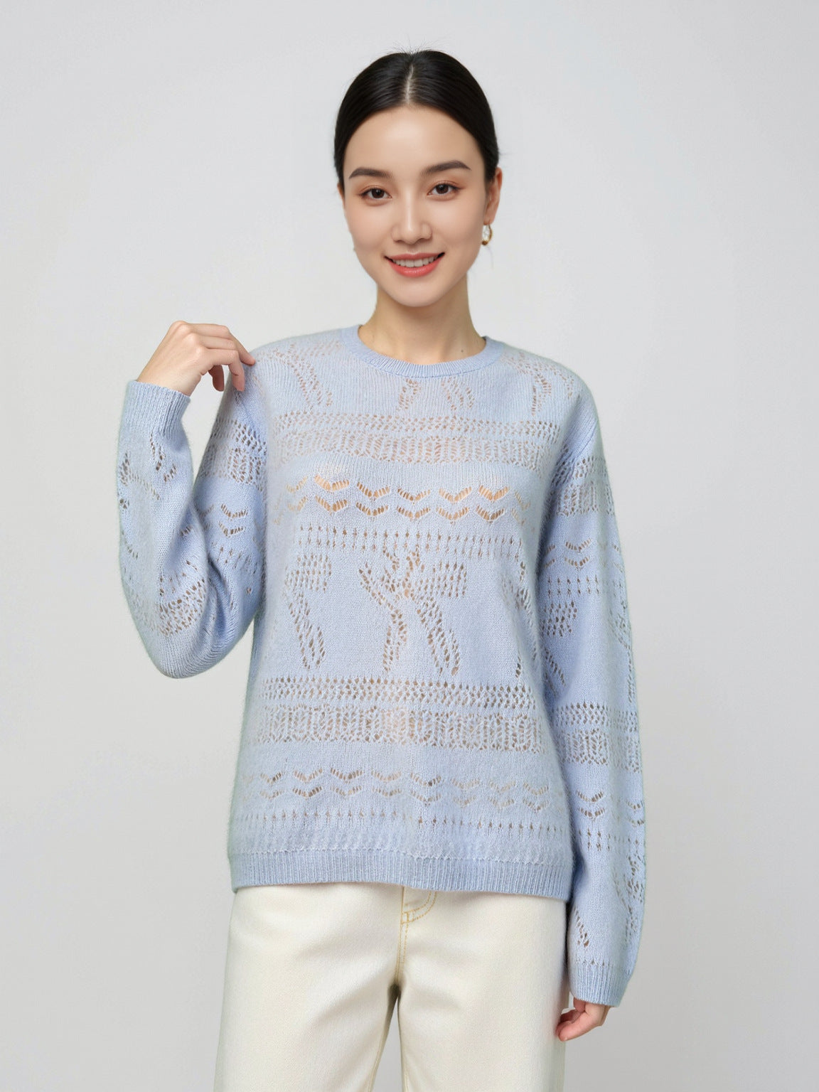 Wool Sweater Elegant Round Neck Hollow Out Jacquard Knitted Base Layer for Women