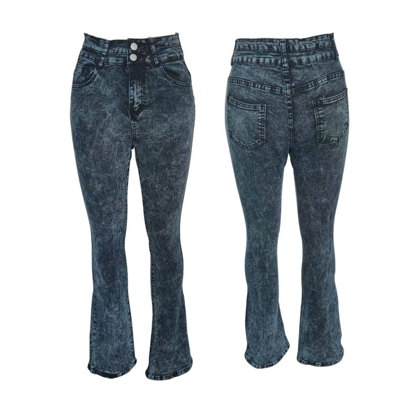 High waisted elastic stir fried snowflake micro flared jeans for women