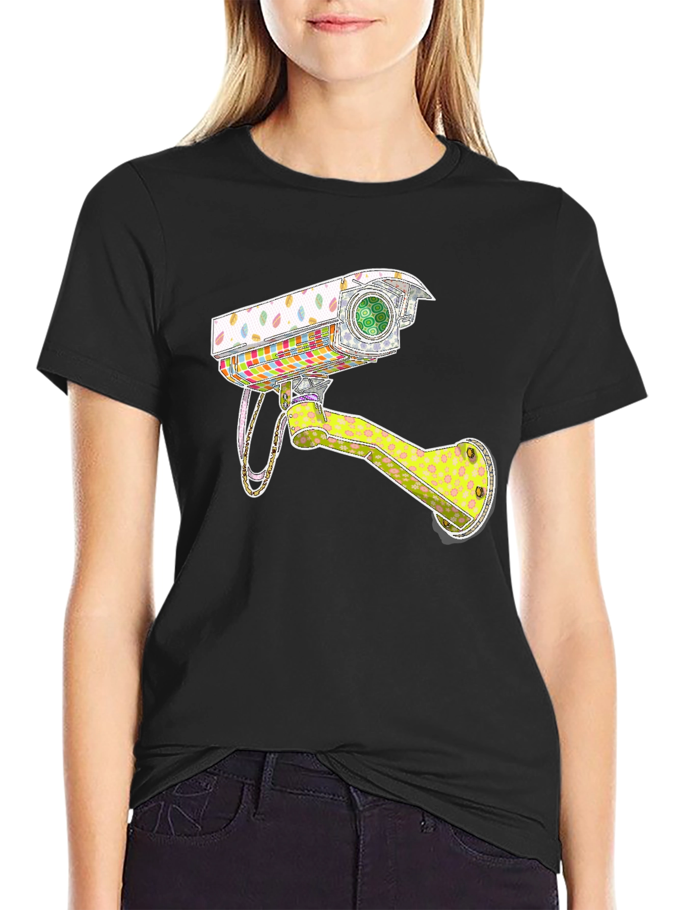 Surveillance Camera Graphic Tee - Trendy Black T-Shirt