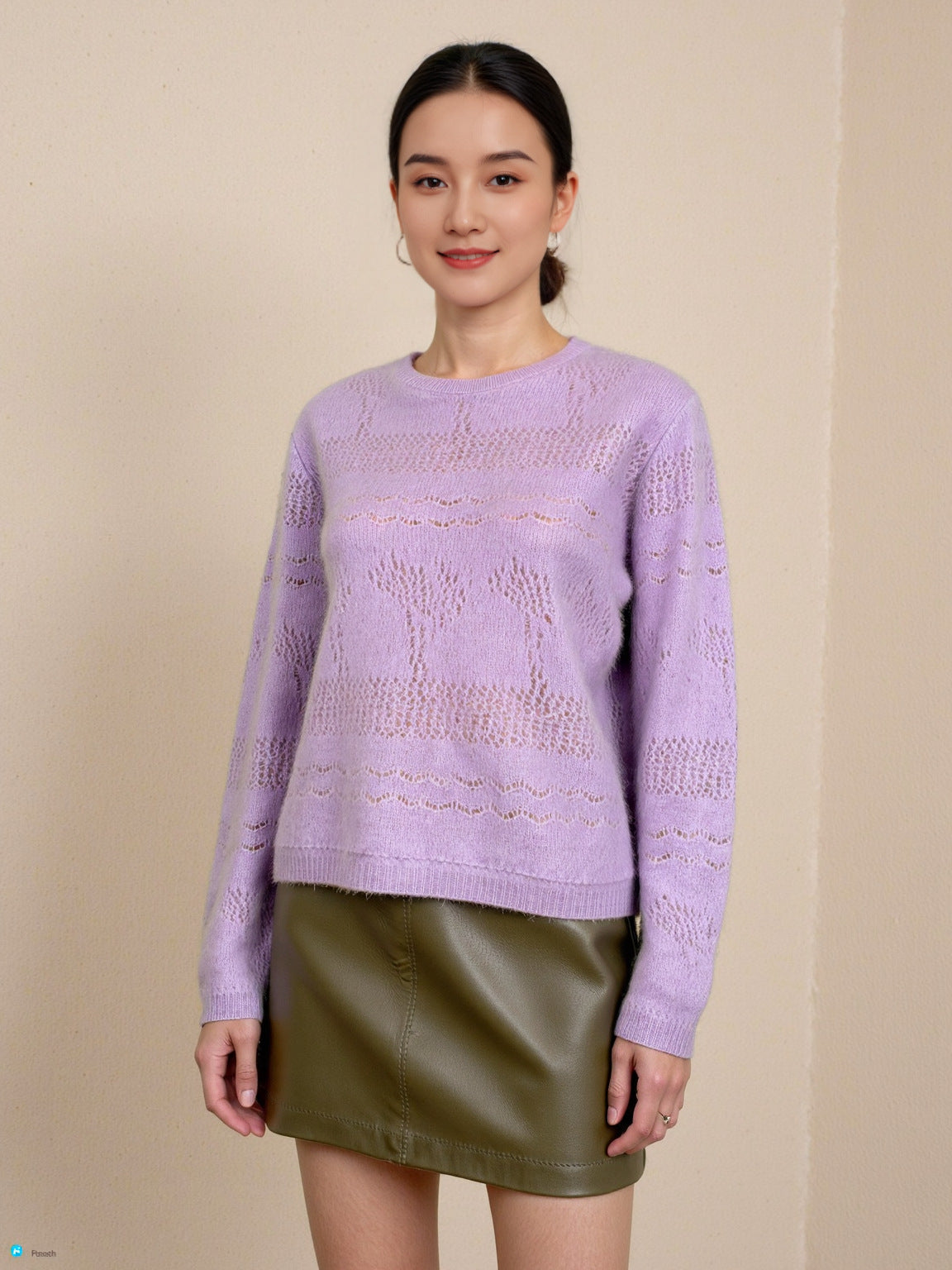 Wool Sweater Elegant Round Neck Hollow Out Jacquard Knitted Base Layer for Women