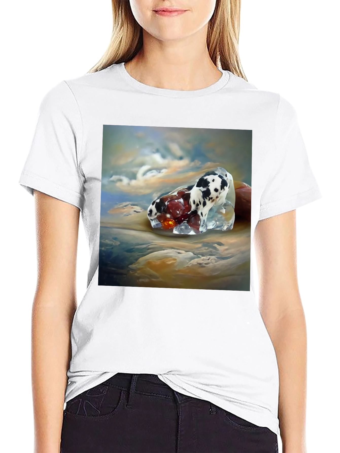 Surrealist Dog and Fruit Black T-Shirt