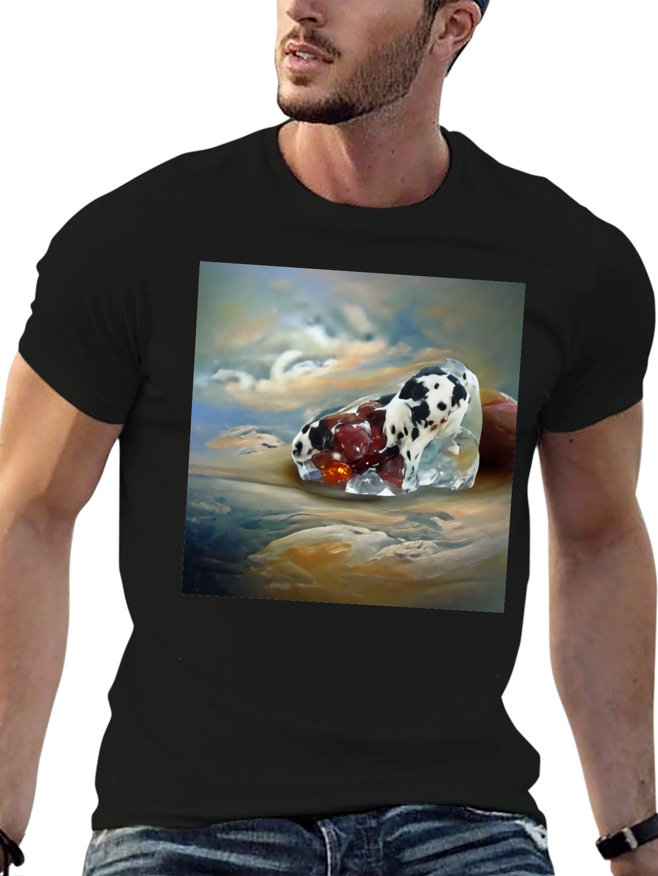 Surrealist Dog and Fruit Black T-Shirt
