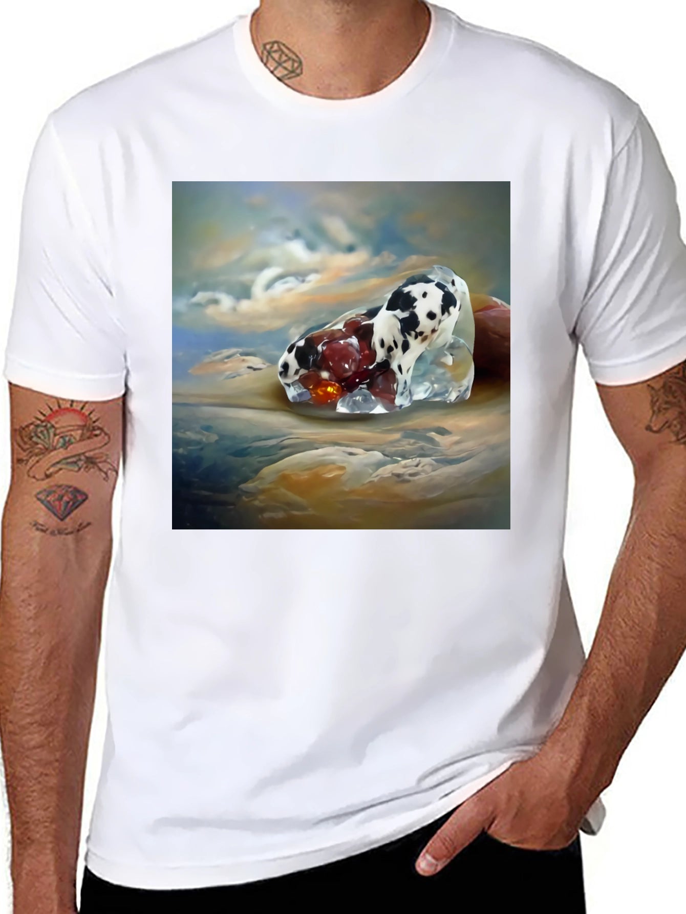 Surrealist Dog and Fruit Black T-Shirt