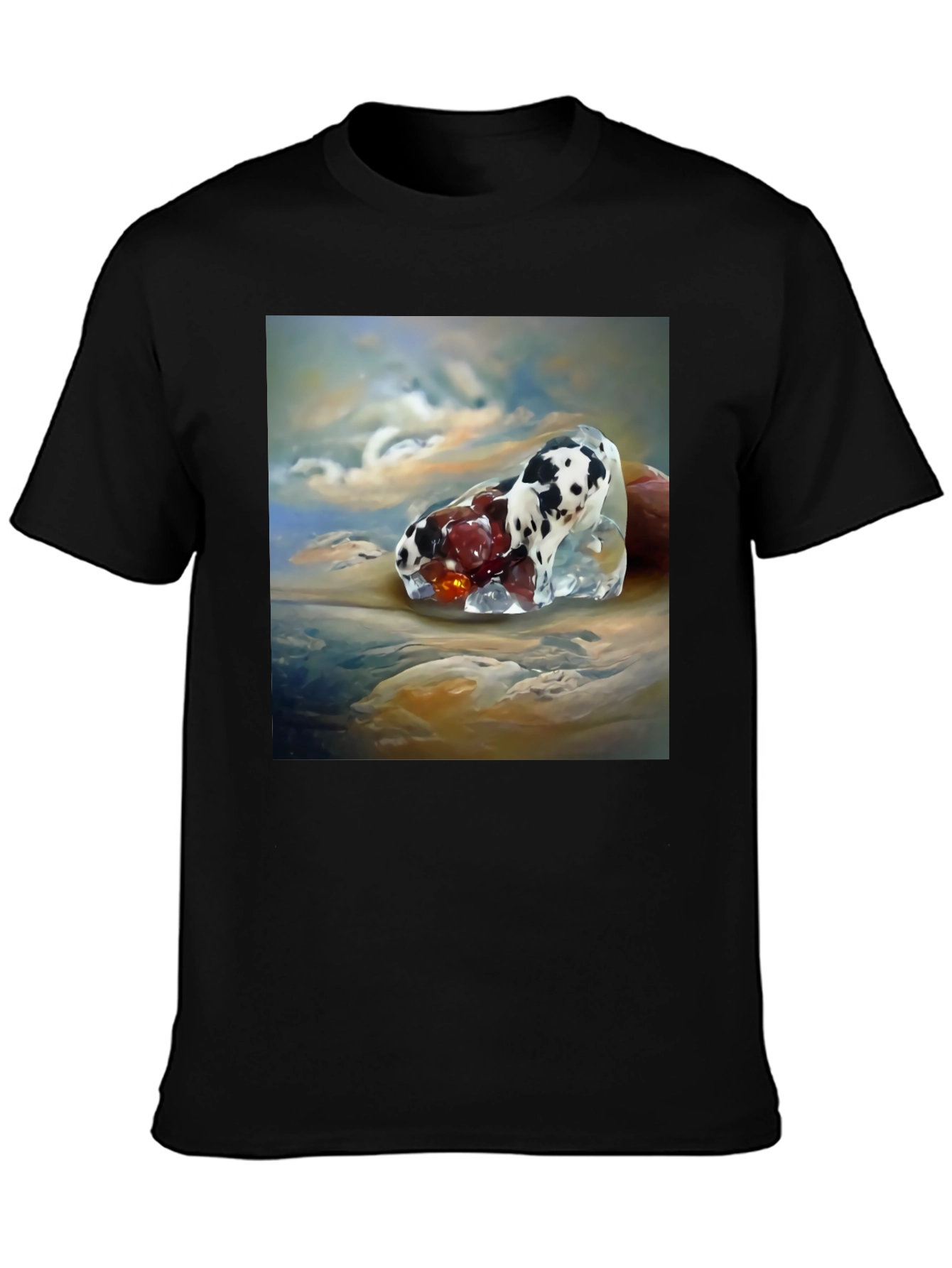 Surrealist Dog and Fruit Black T-Shirt
