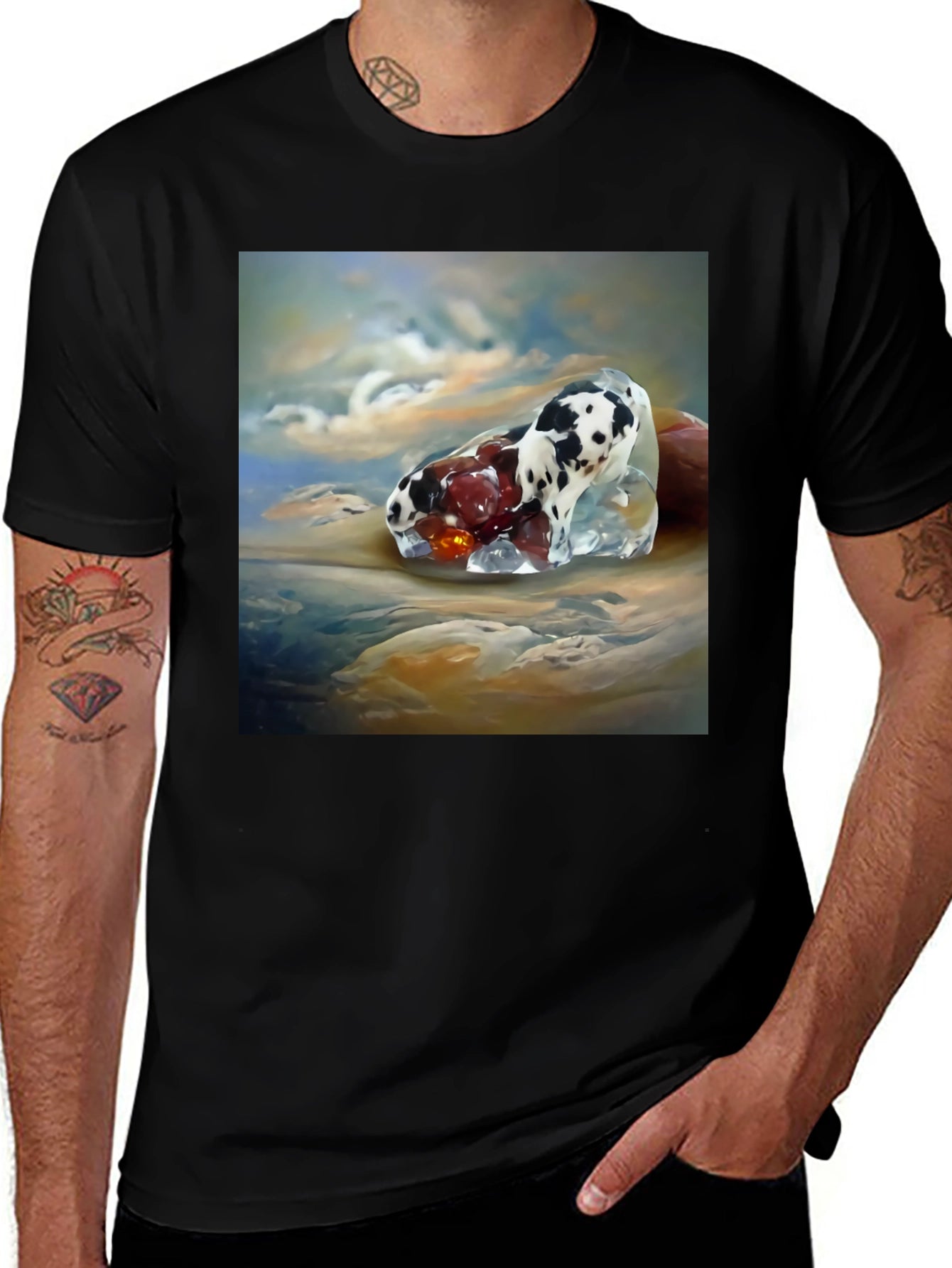 Surrealist Dog and Fruit Black T-Shirt