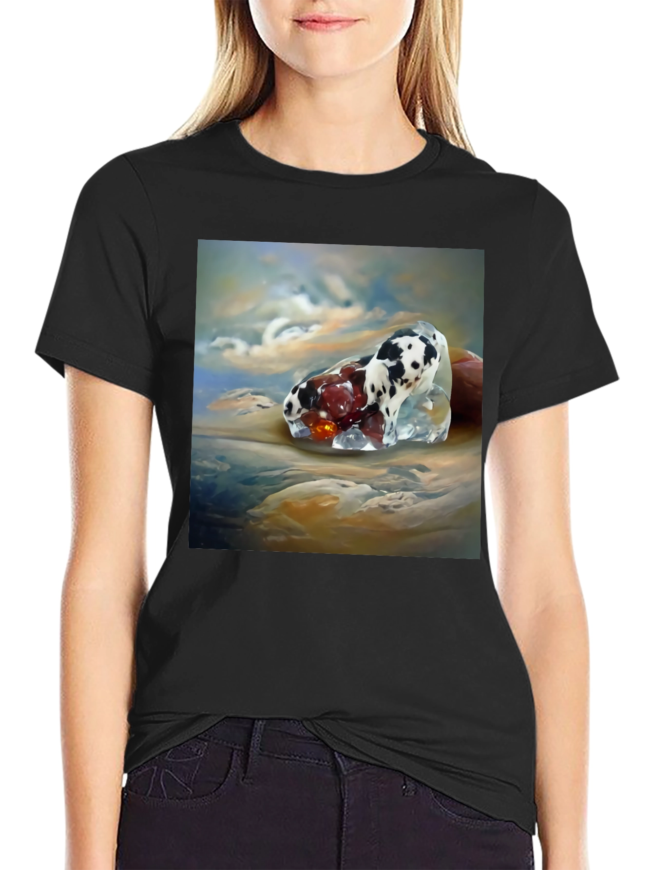Surrealist Dog and Fruit Black T-Shirt