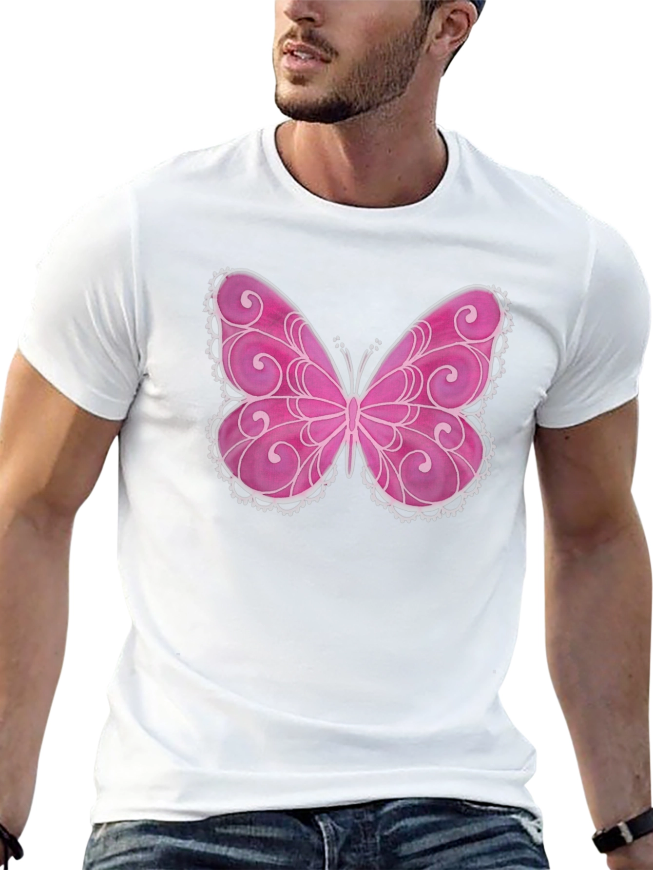 Pink Butterfly Graphic Black T-Shirt