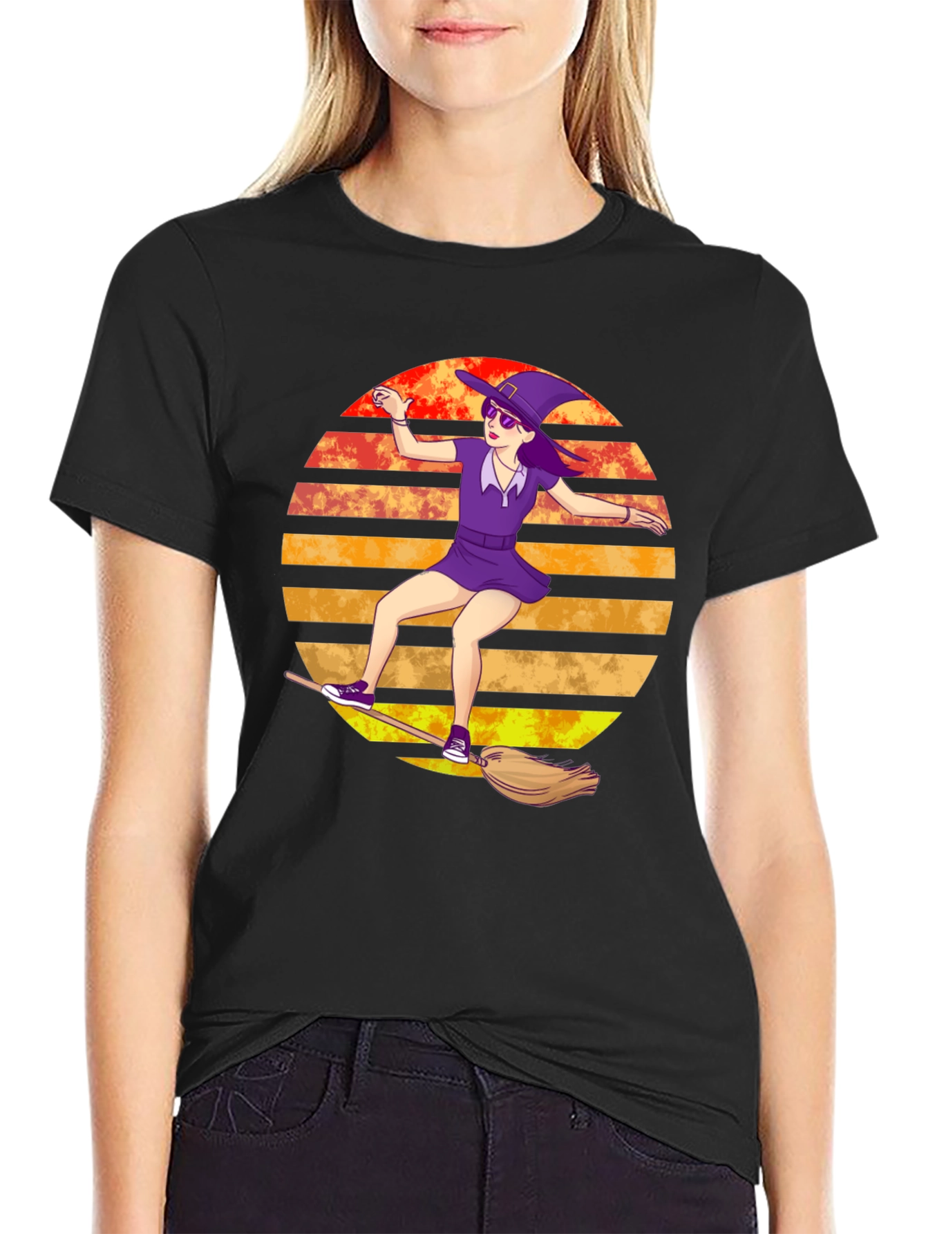 Witch on Broomstick T-Shirt - Spooky Fun