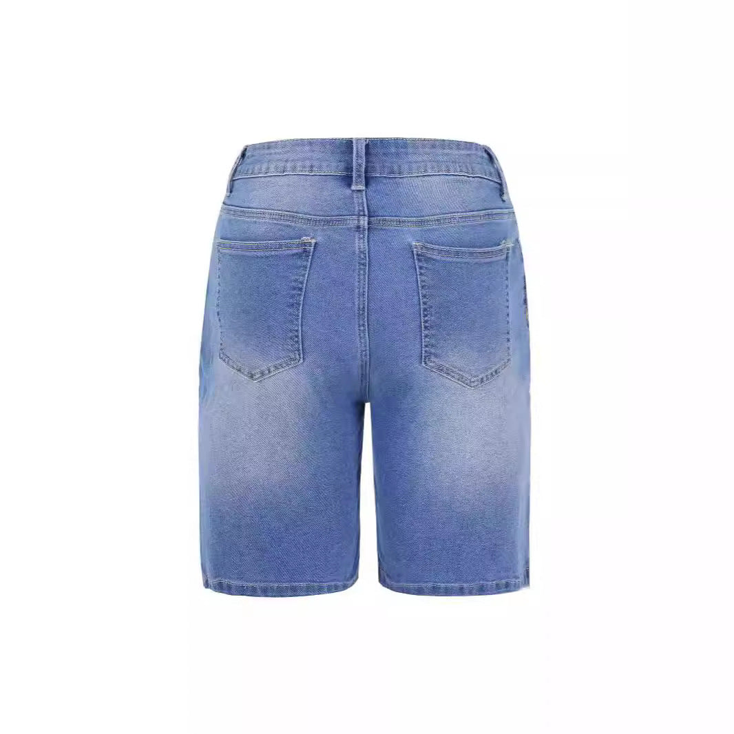 Washed elastic waisted denim cropped pants for women