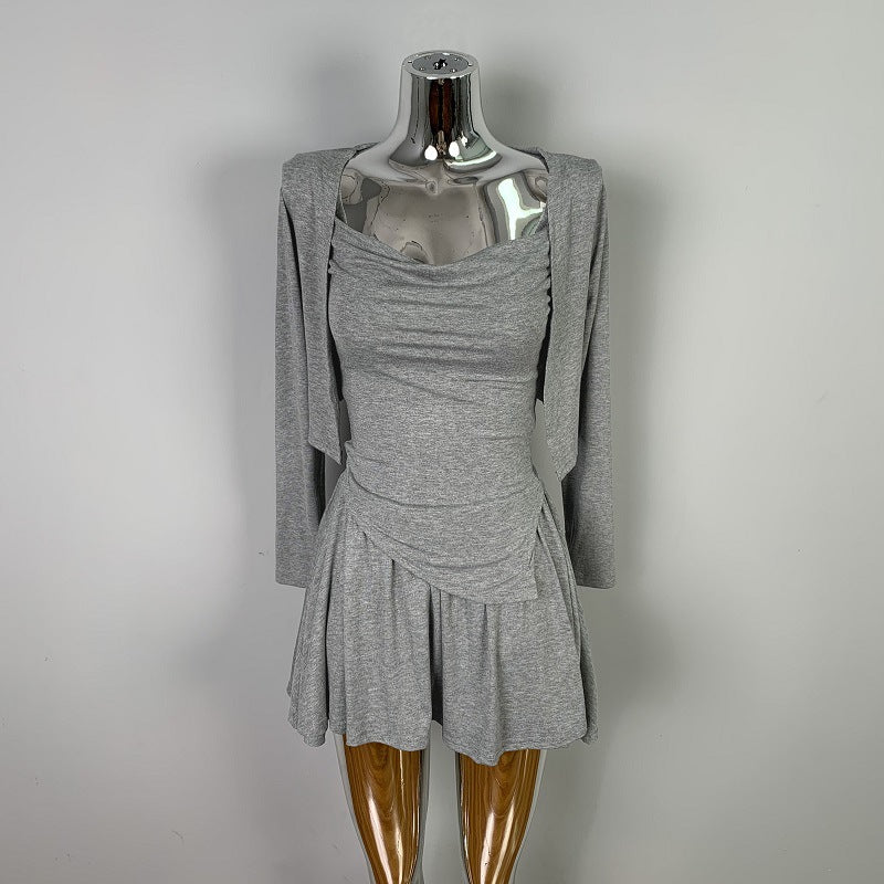 Three piece set of slim camisole cardigan and skirt