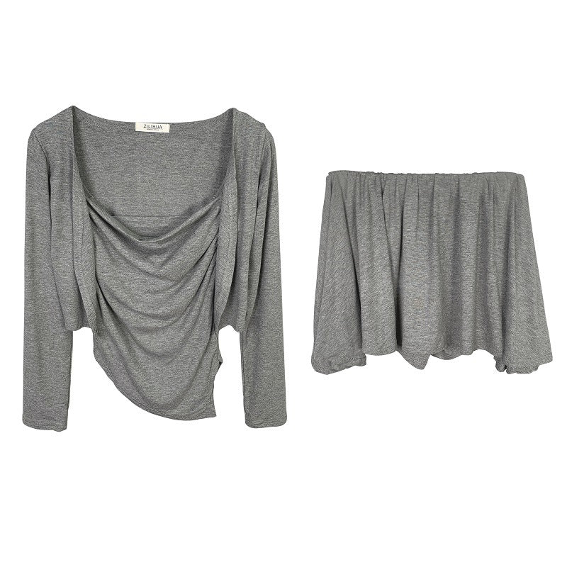 Three piece set of slim camisole cardigan and skirt