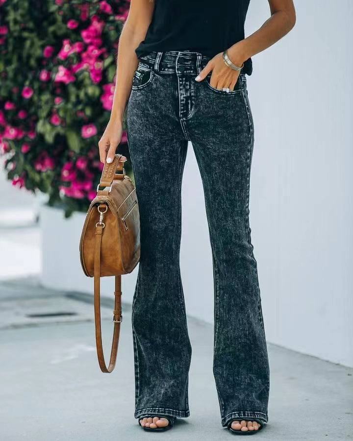 High waisted elastic stir fried snowflake micro flared jeans for women