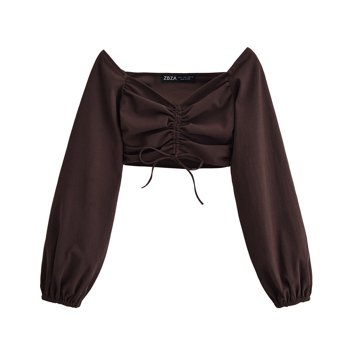 V-neck long sleeved pleated elastic solid color top for women