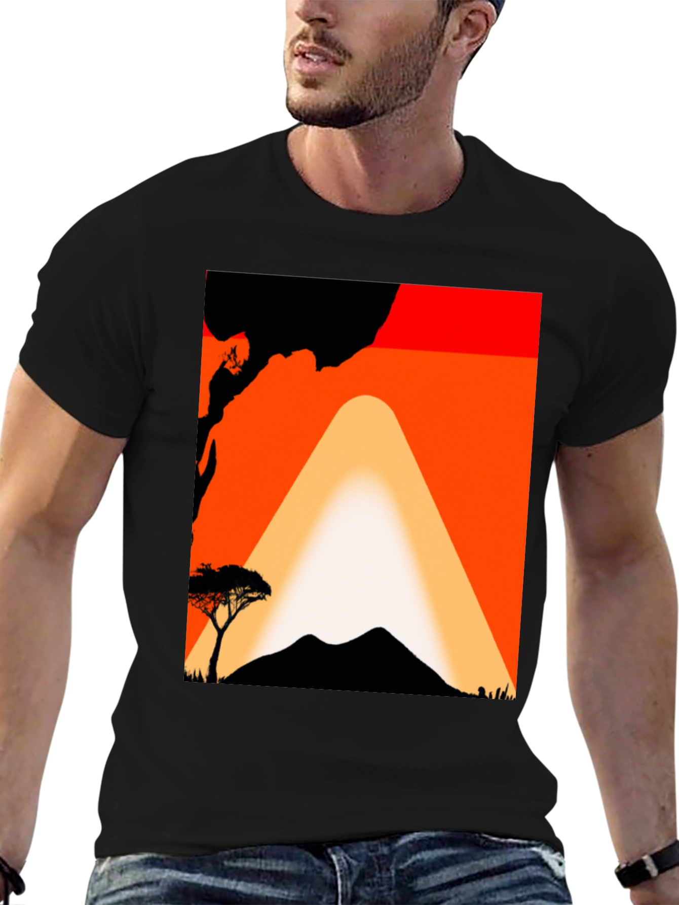 Sunset Mountain Graphic Tee - Black Cotton T-Shirt
