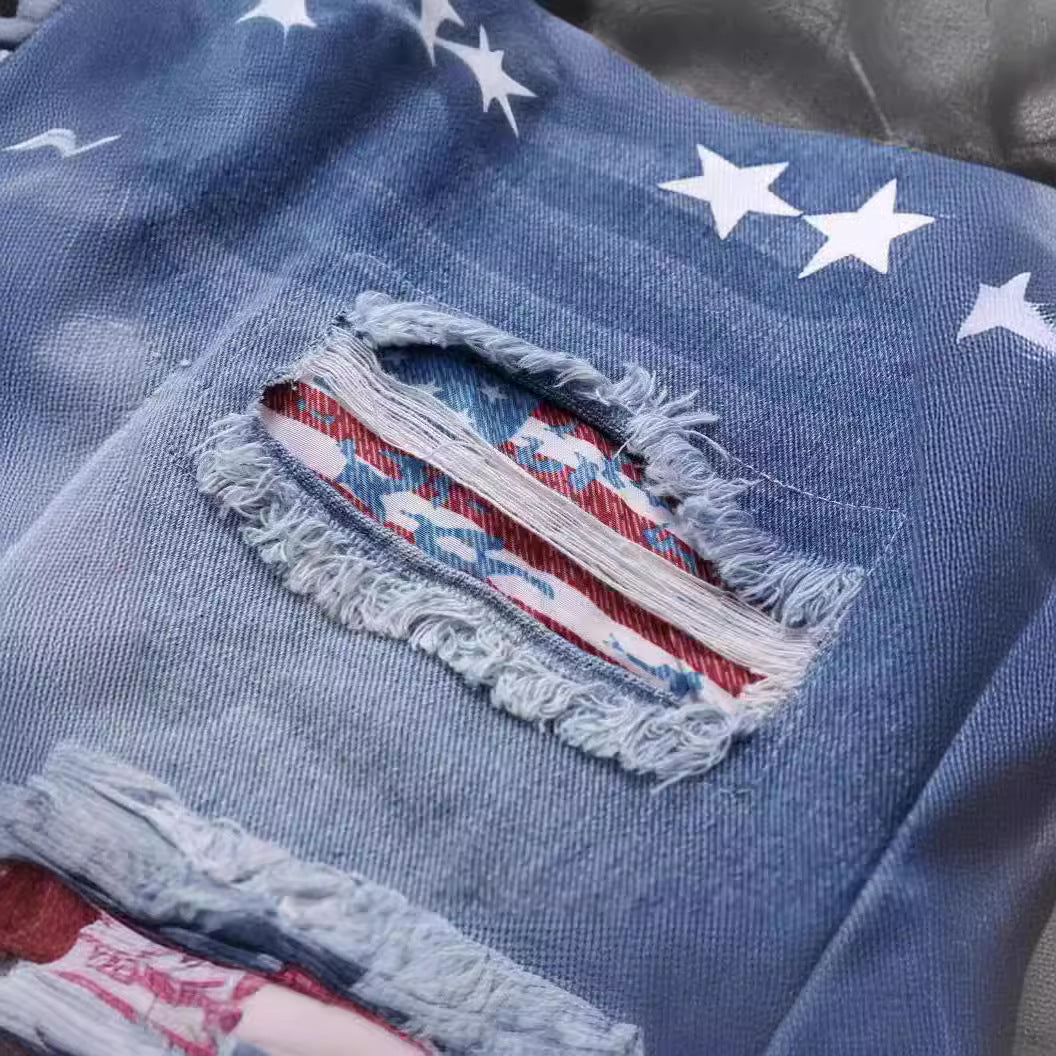 Printed ripped and flanged denim shorts for women