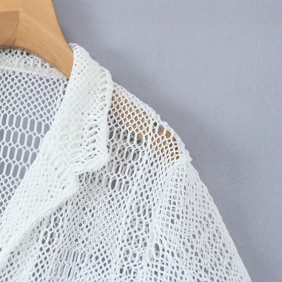 Flip V-neck short sleeved single breasted see through top for women