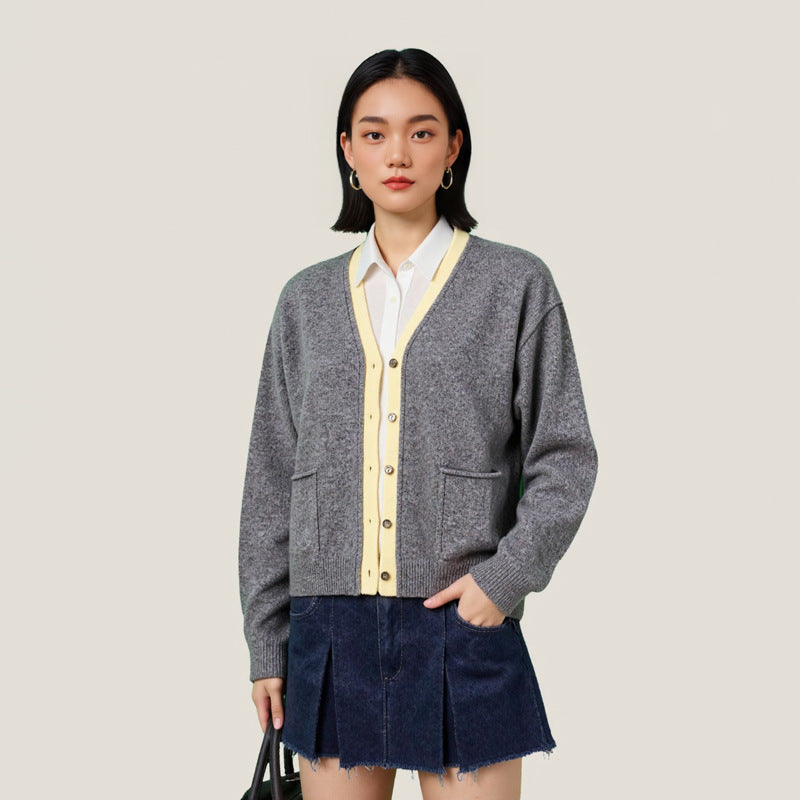Wool Knit Cardigan Women's Chic Colorblock V-Neck Sweater Coat Loose Top