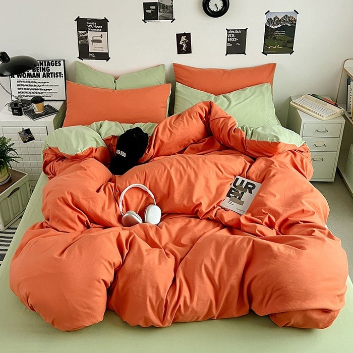 Washed Cotton Solid Color Double Spliced Four-Piece Bedding Set - Sheet, Quilt Cover, Pillowcases for Employee and Dormitory Use