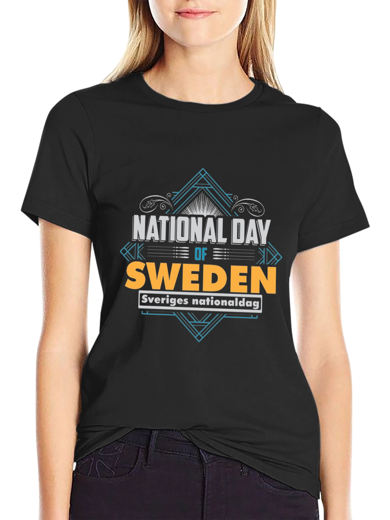 Sweden National Day T-Shirt - Black Crew Neck