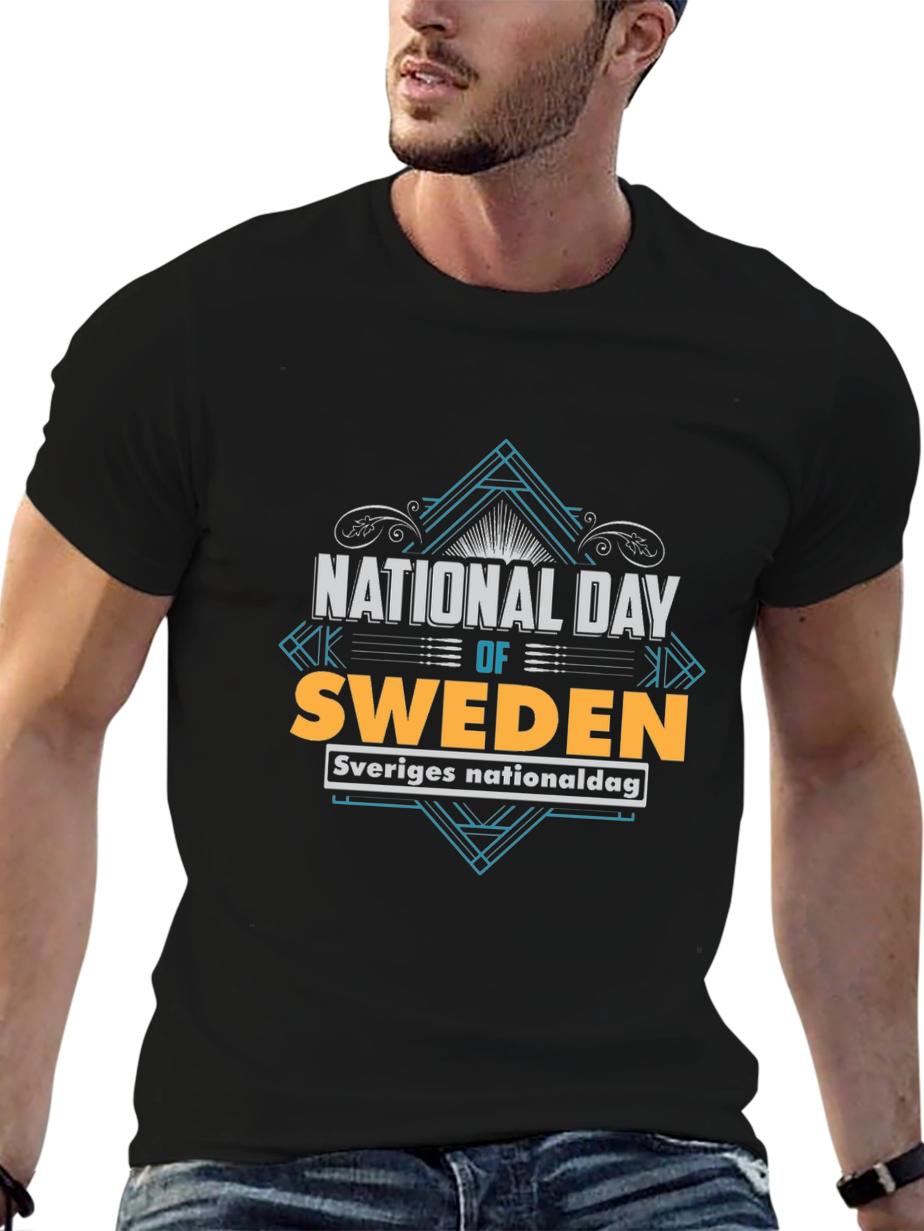 Sweden National Day T-Shirt - Black Crew Neck