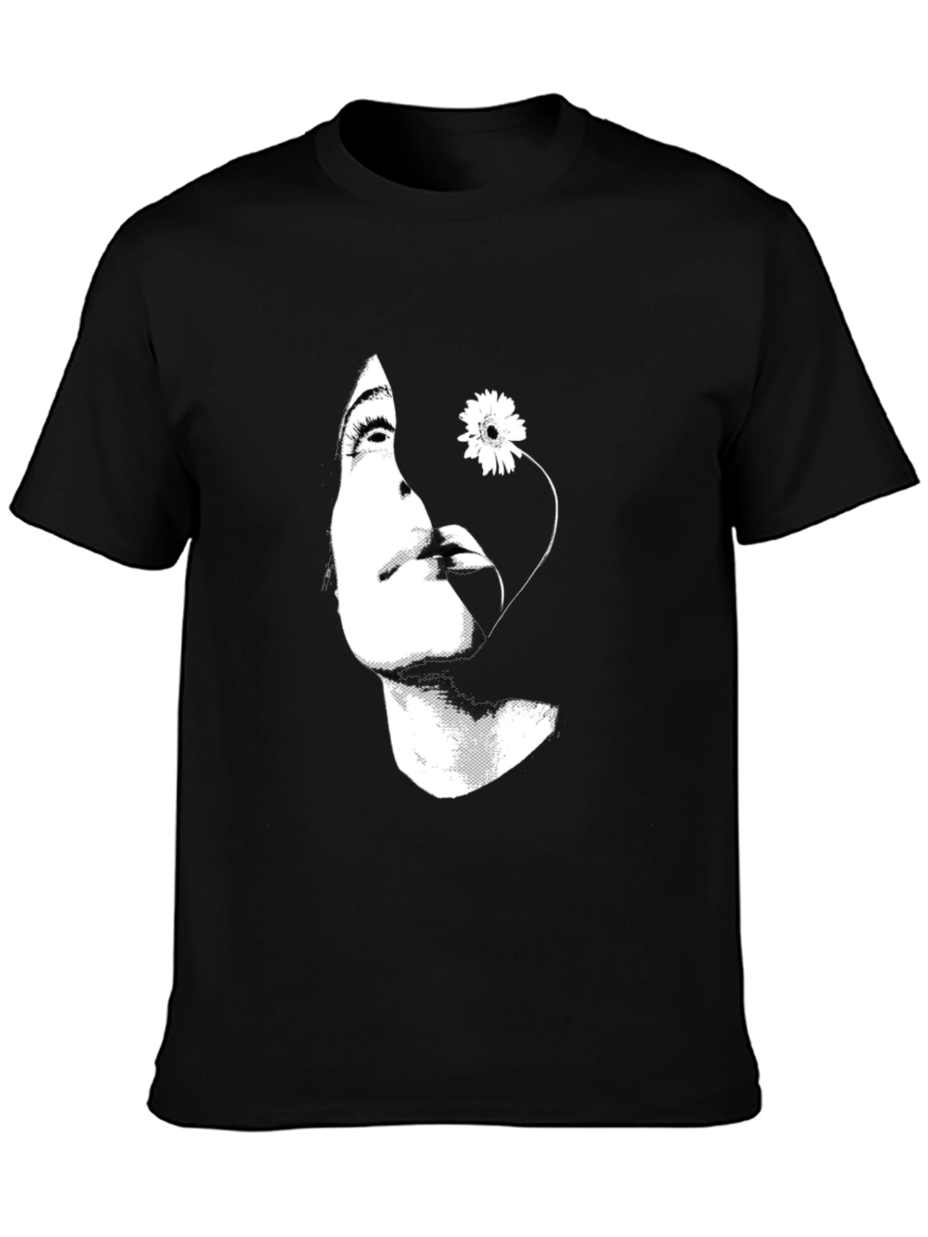 Woman with Flower Graphic Black T-Shirt