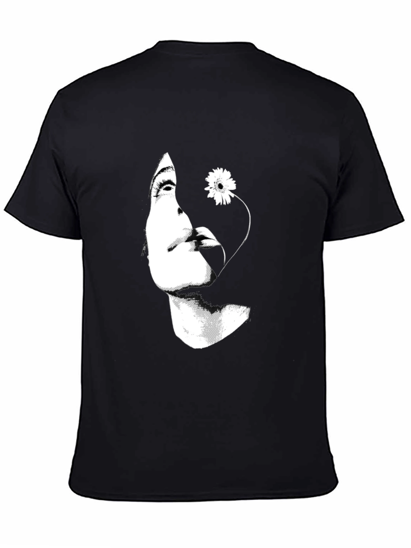 Woman with Flower Graphic Black T-Shirt
