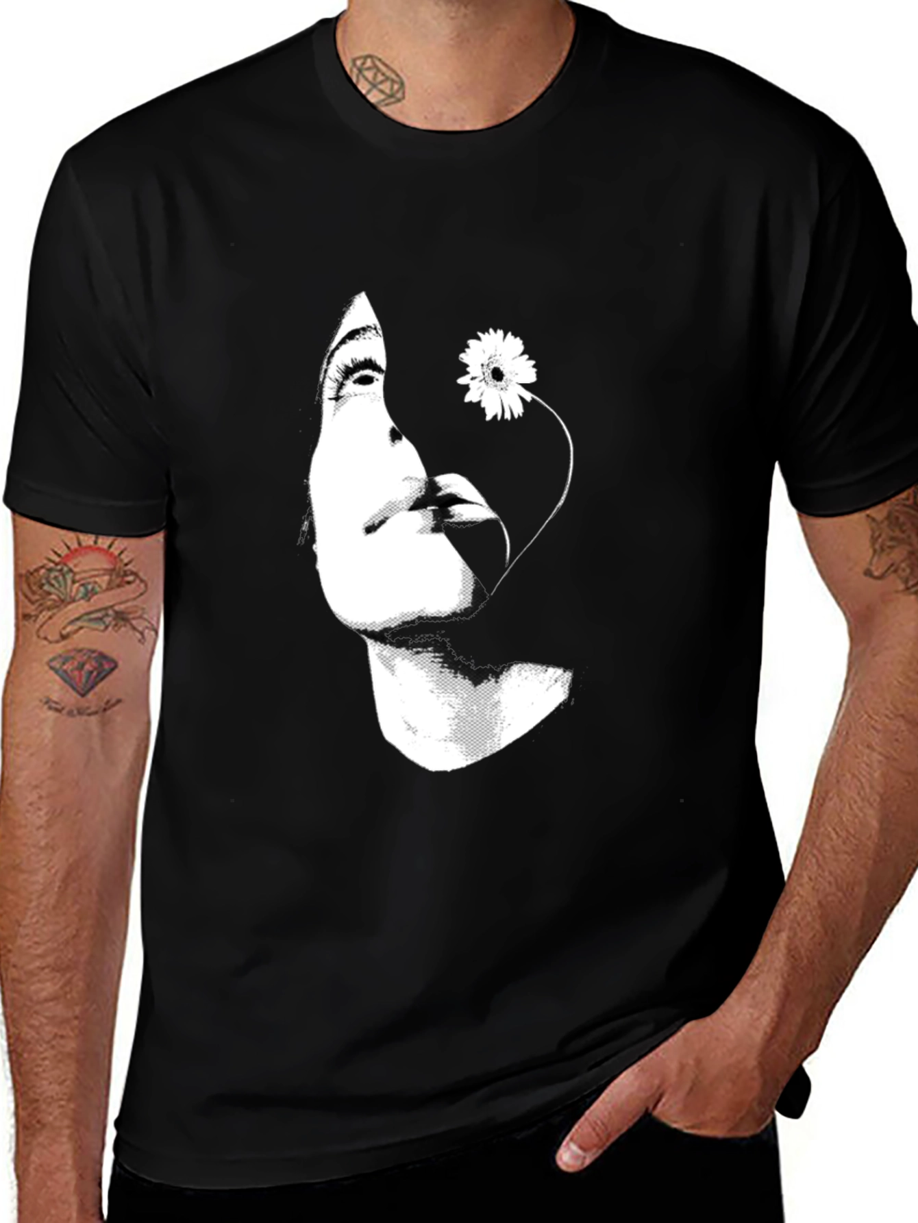Woman with Flower Graphic Black T-Shirt