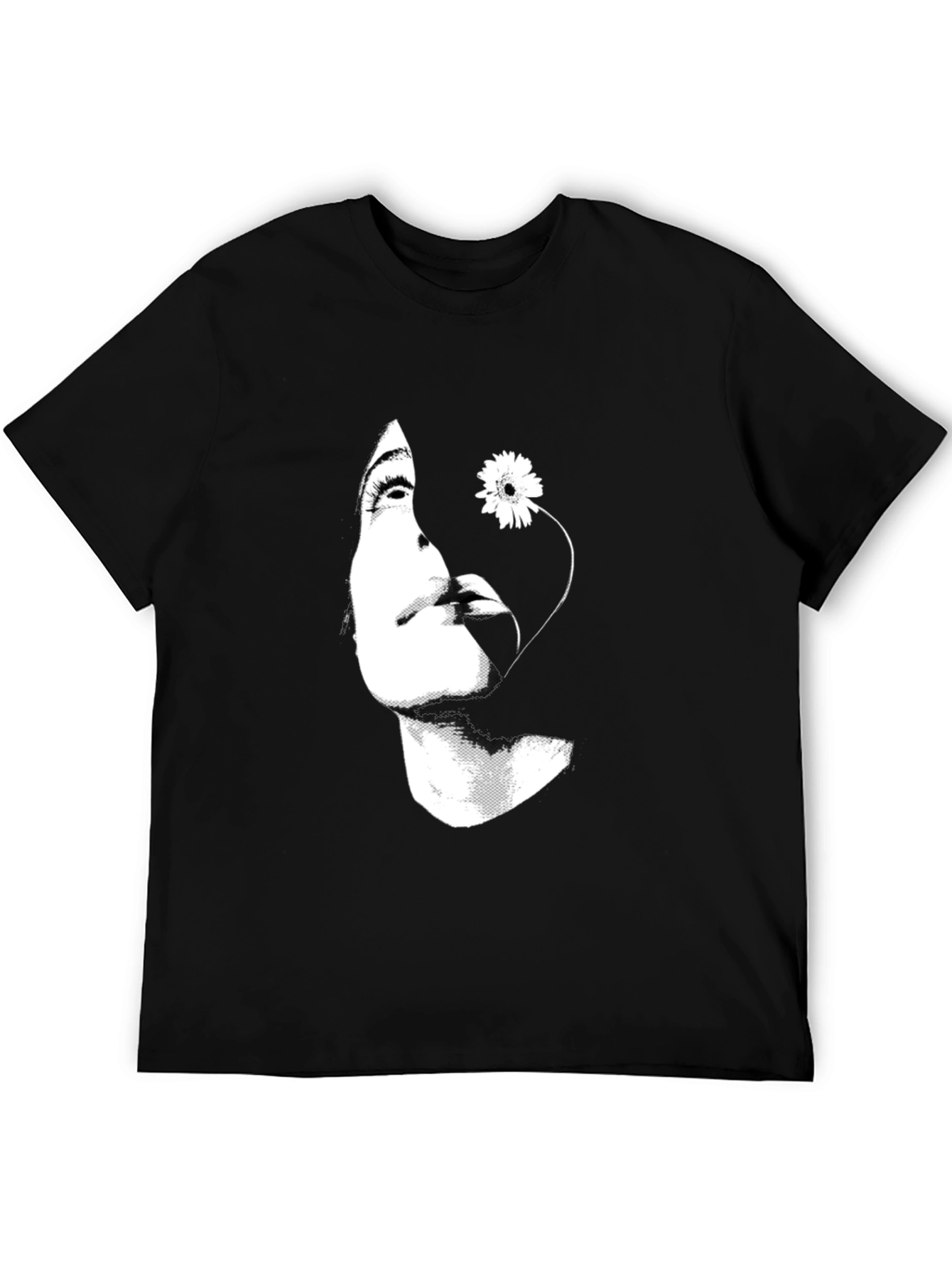 Woman with Flower Graphic Black T-Shirt