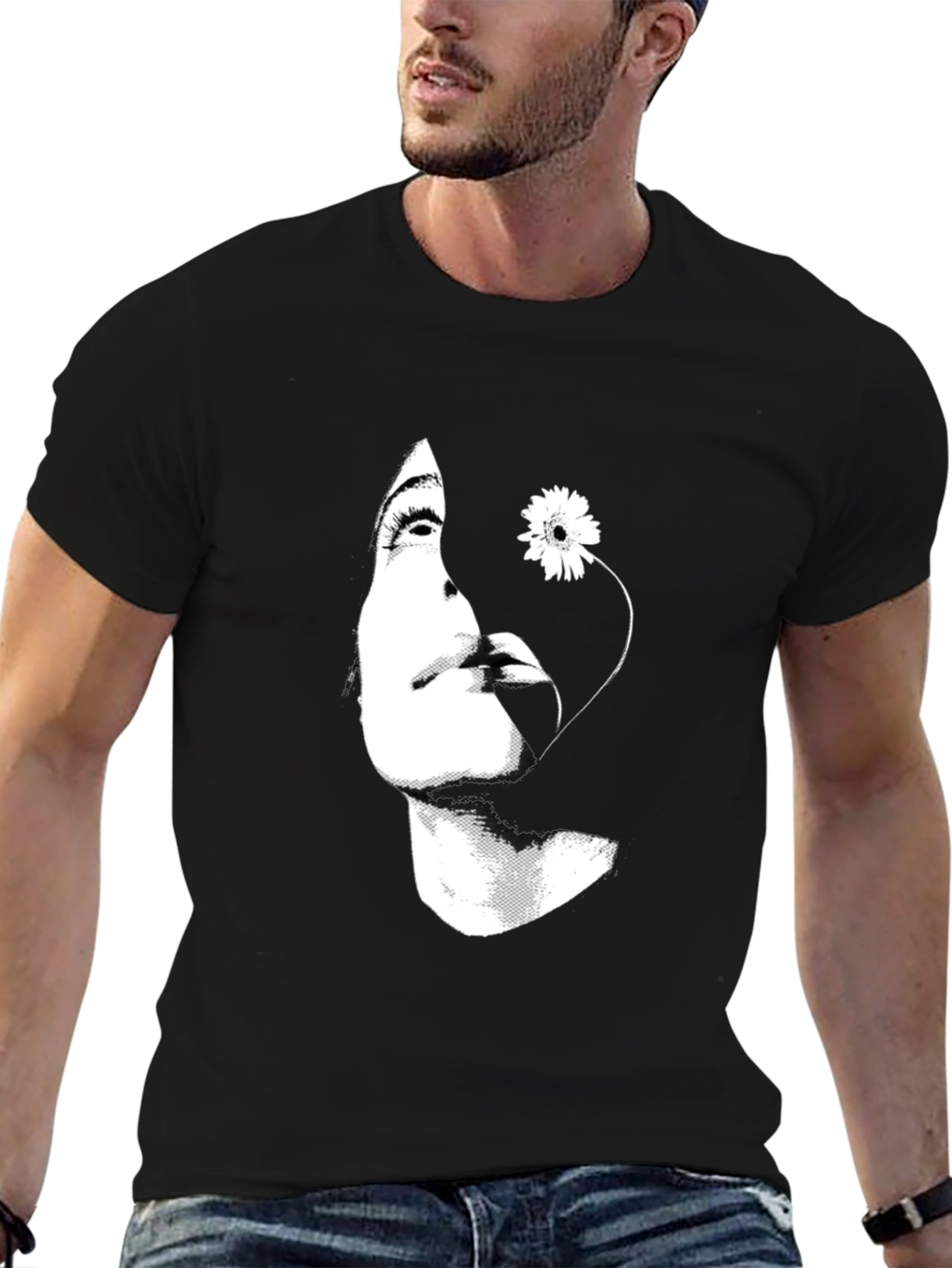 Woman with Flower Graphic Black T-Shirt