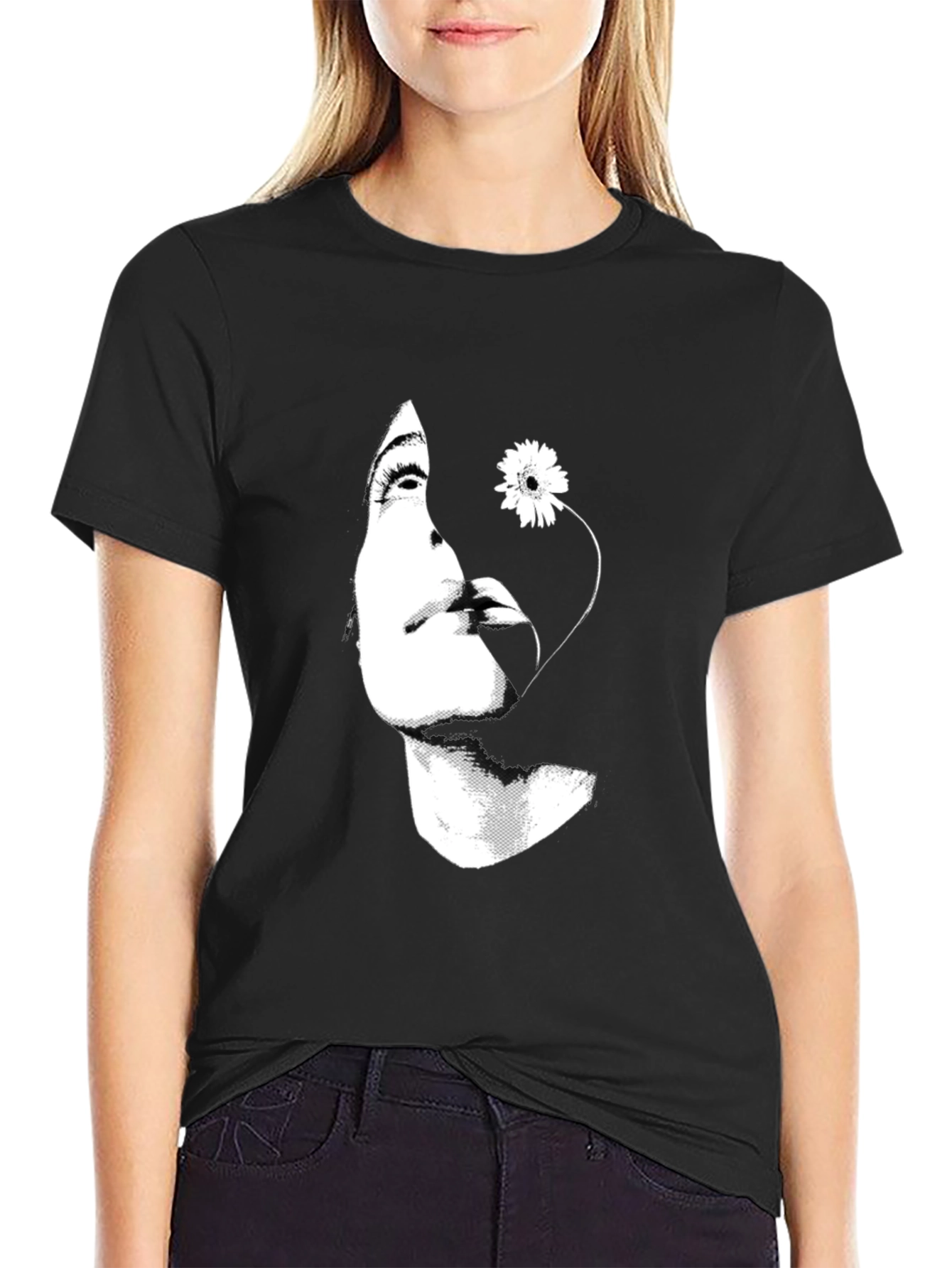 Woman with Flower Graphic Black T-Shirt