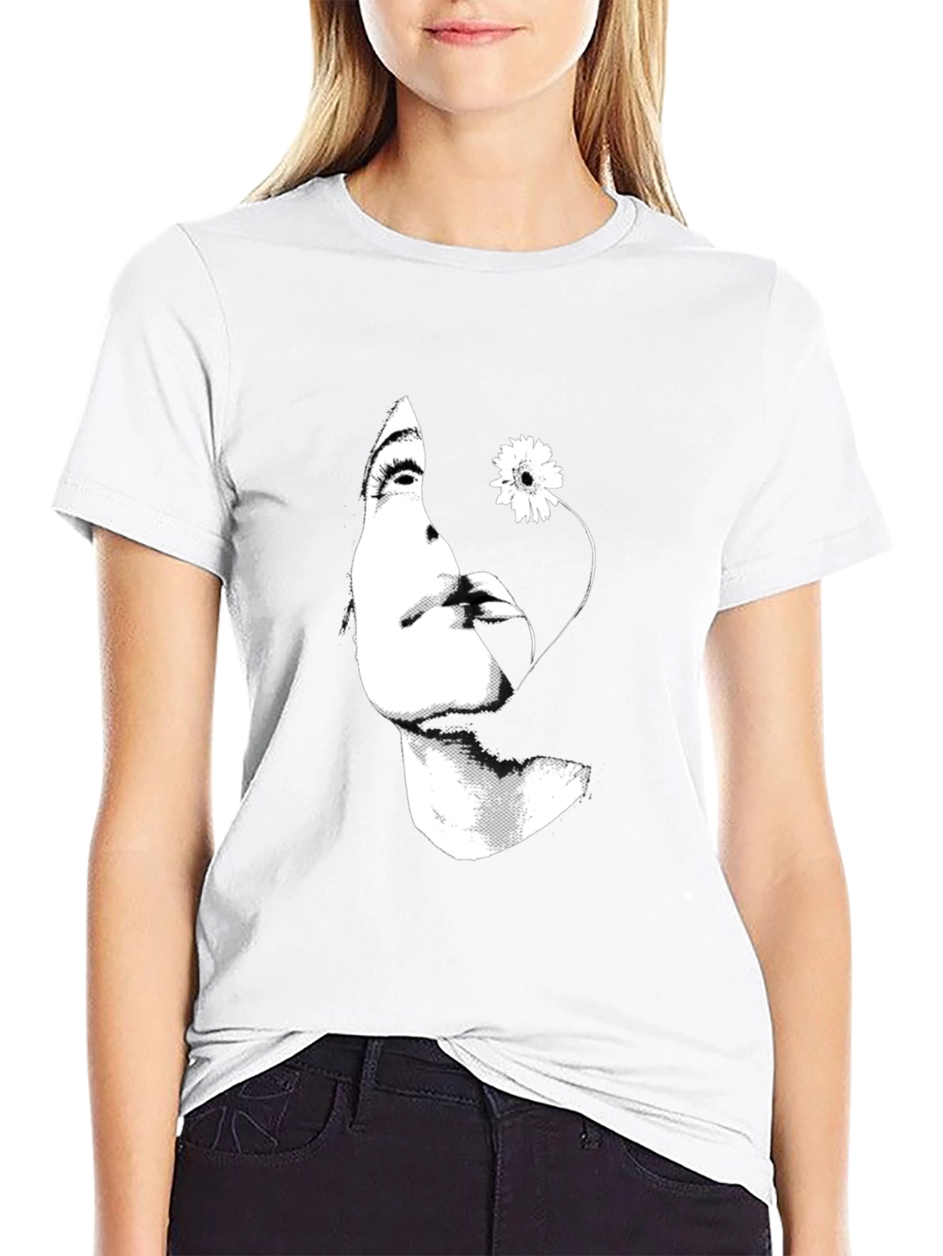 Woman with Flower Graphic Black T-Shirt