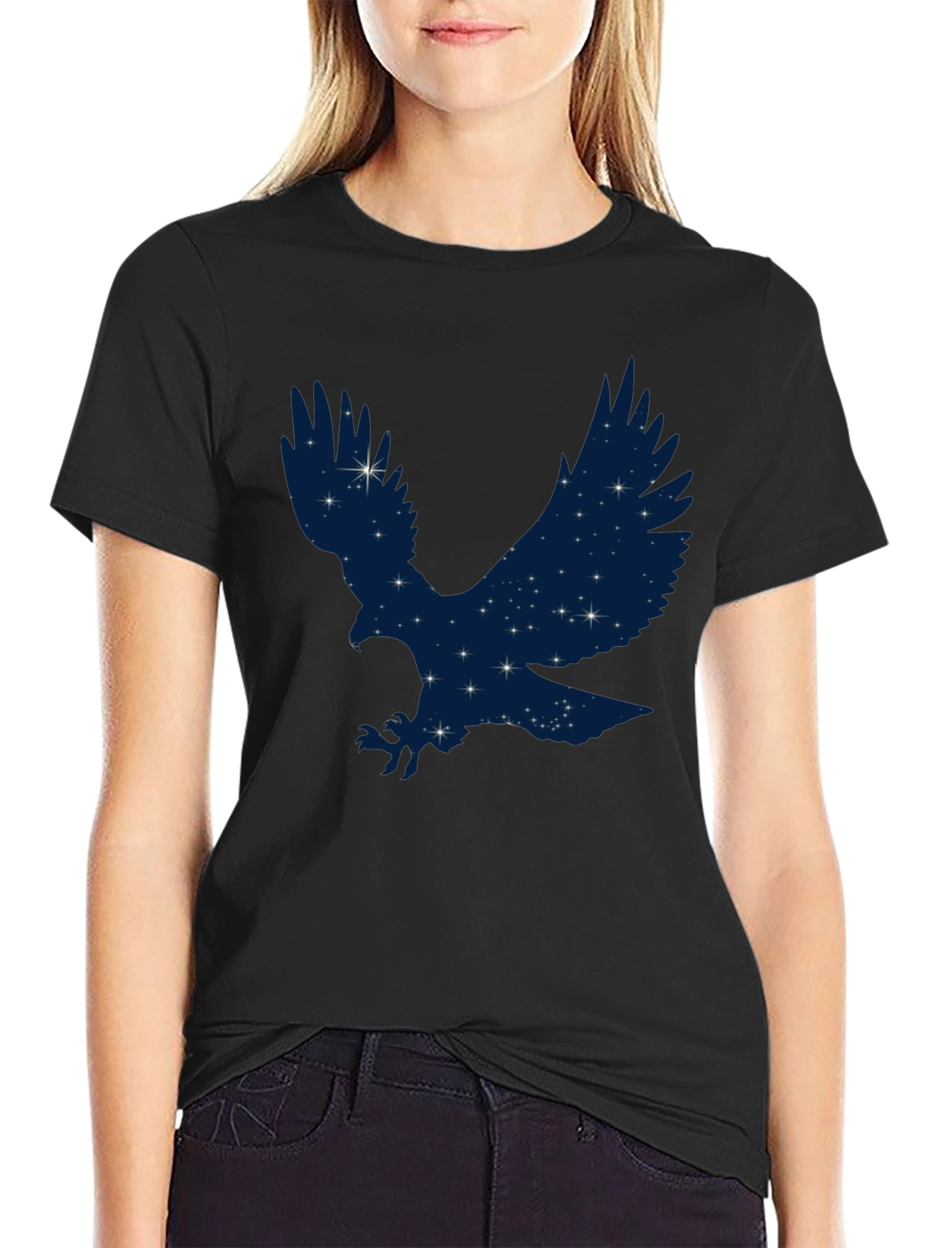 Starry Eagle Graphic Tee - Soft Black Cotton T-Shirt