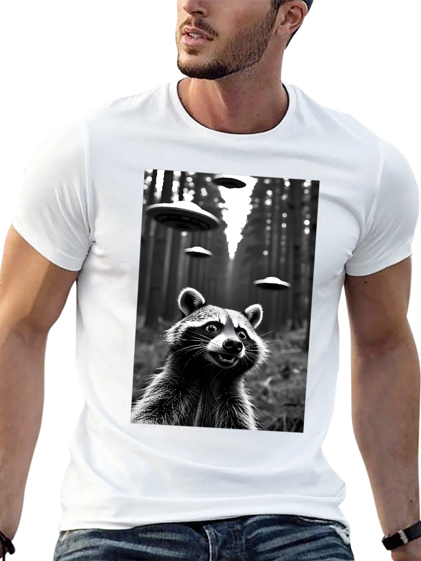 Raccoon UFO Black T-Shirt - Sci-Fi Style