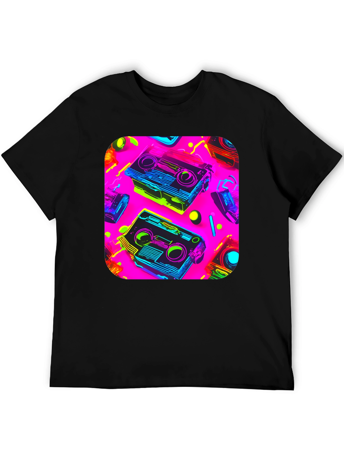Retro Cassette Graphic Tee - 80s Neon Style