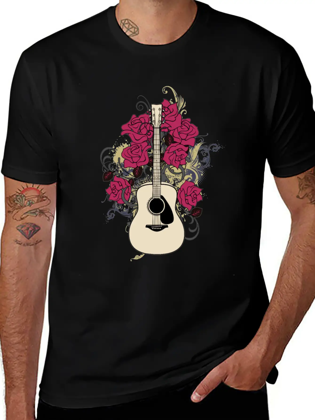 Acoustic Guitar Rose Lightweight Cotton T-Shirt – Daily Comfort Graphic Shirt