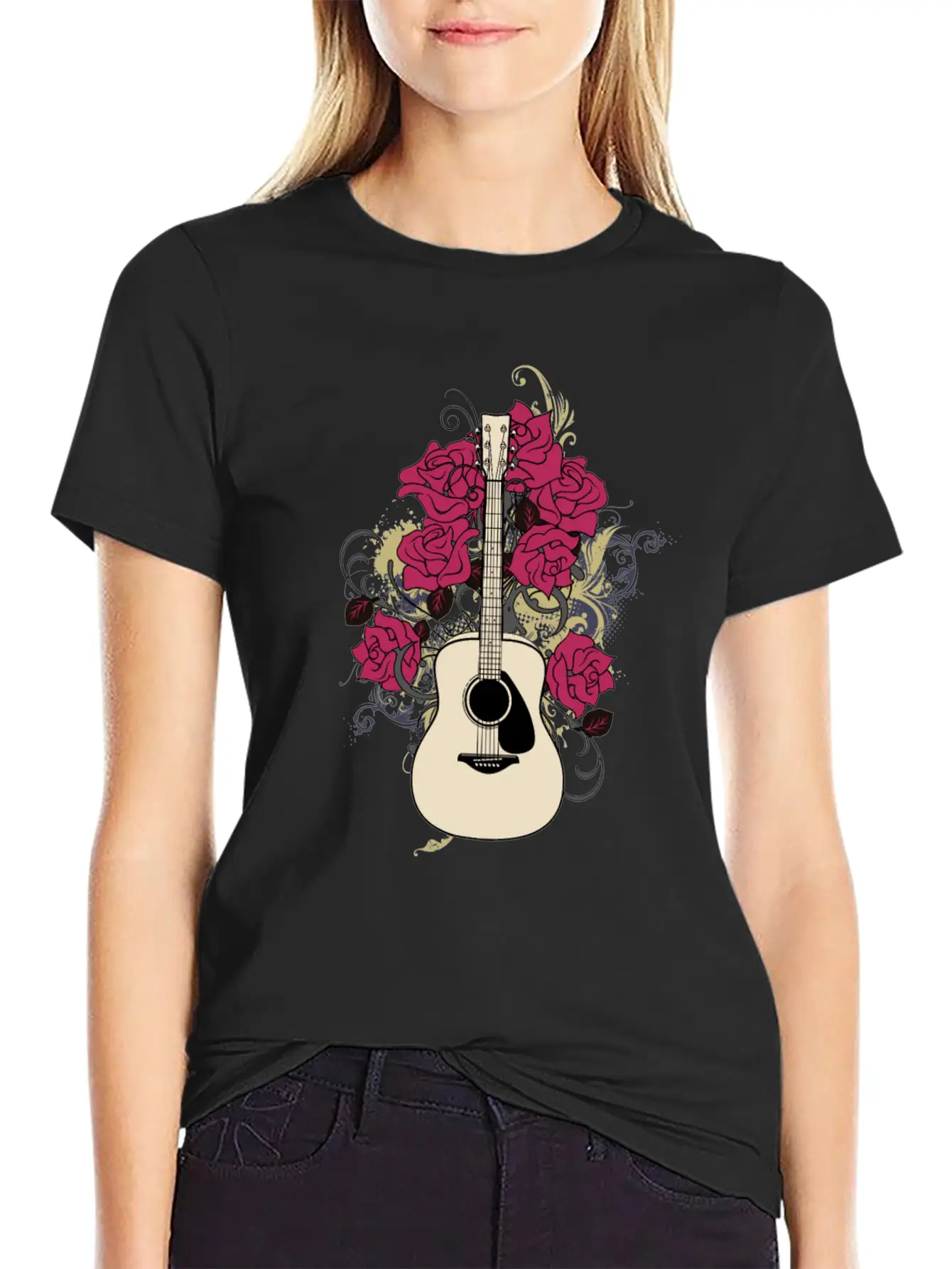 Acoustic Guitar Rose Lightweight Cotton T-Shirt – Daily Comfort Graphic Shirt