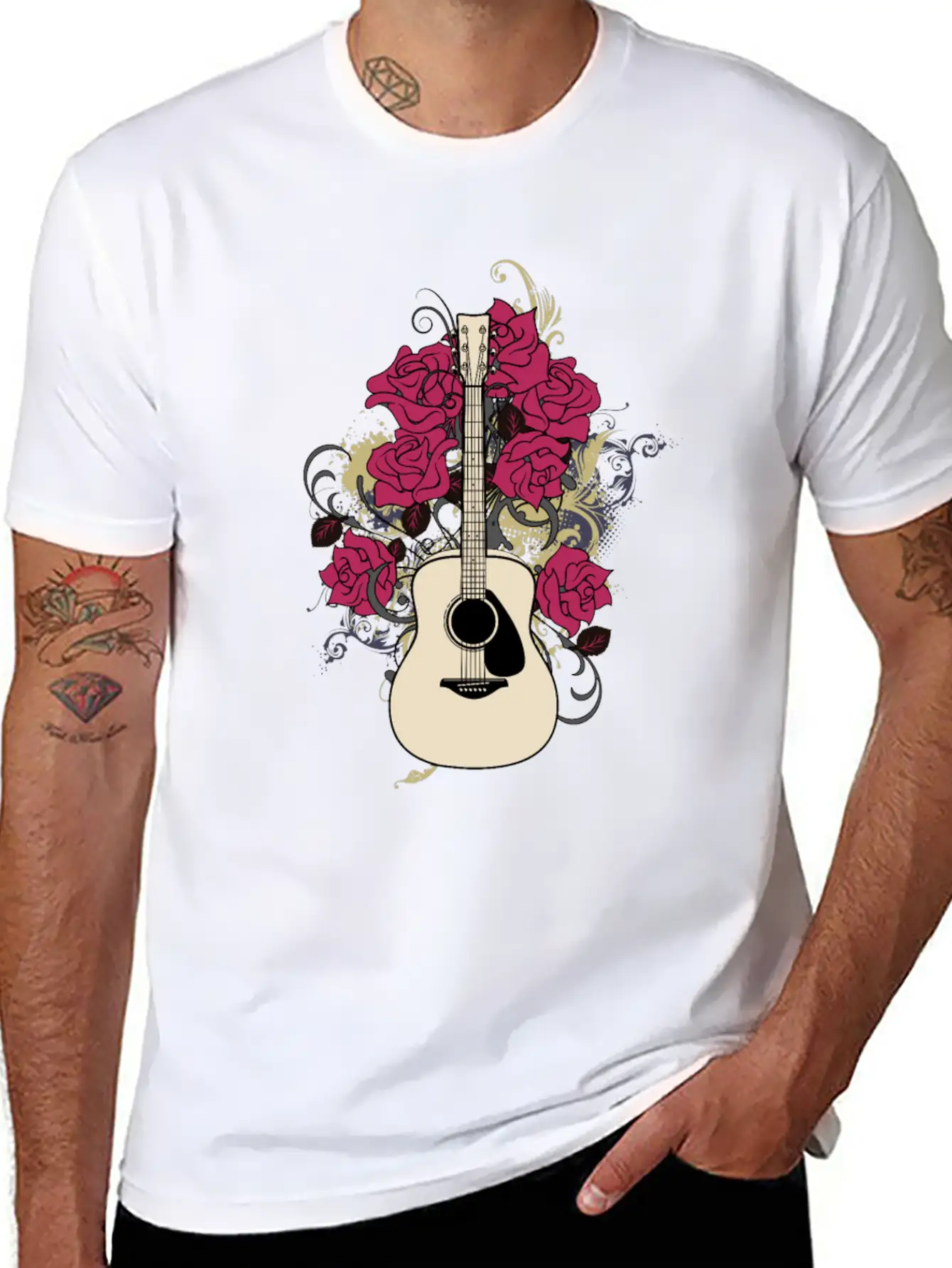 Acoustic Guitar Rose Lightweight Cotton T-Shirt – Daily Comfort Graphic Shirt