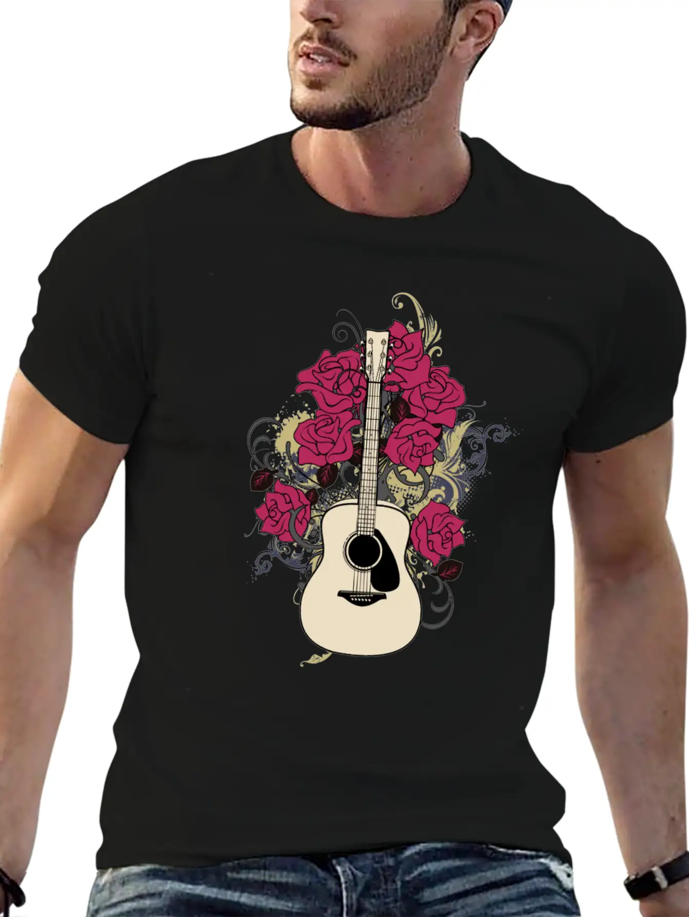 Acoustic Guitar Rose Lightweight Cotton T-Shirt – Daily Comfort Graphic Shirt