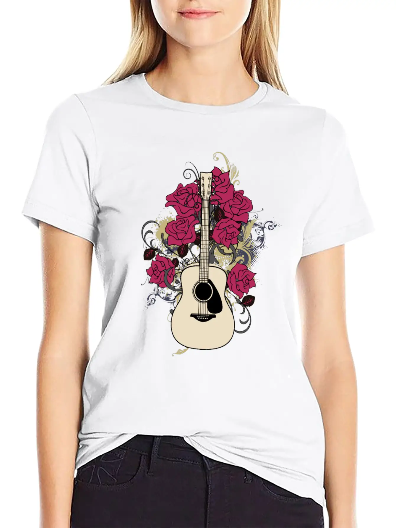 Acoustic Guitar Rose Lightweight Cotton T-Shirt – Daily Comfort Graphic Shirt