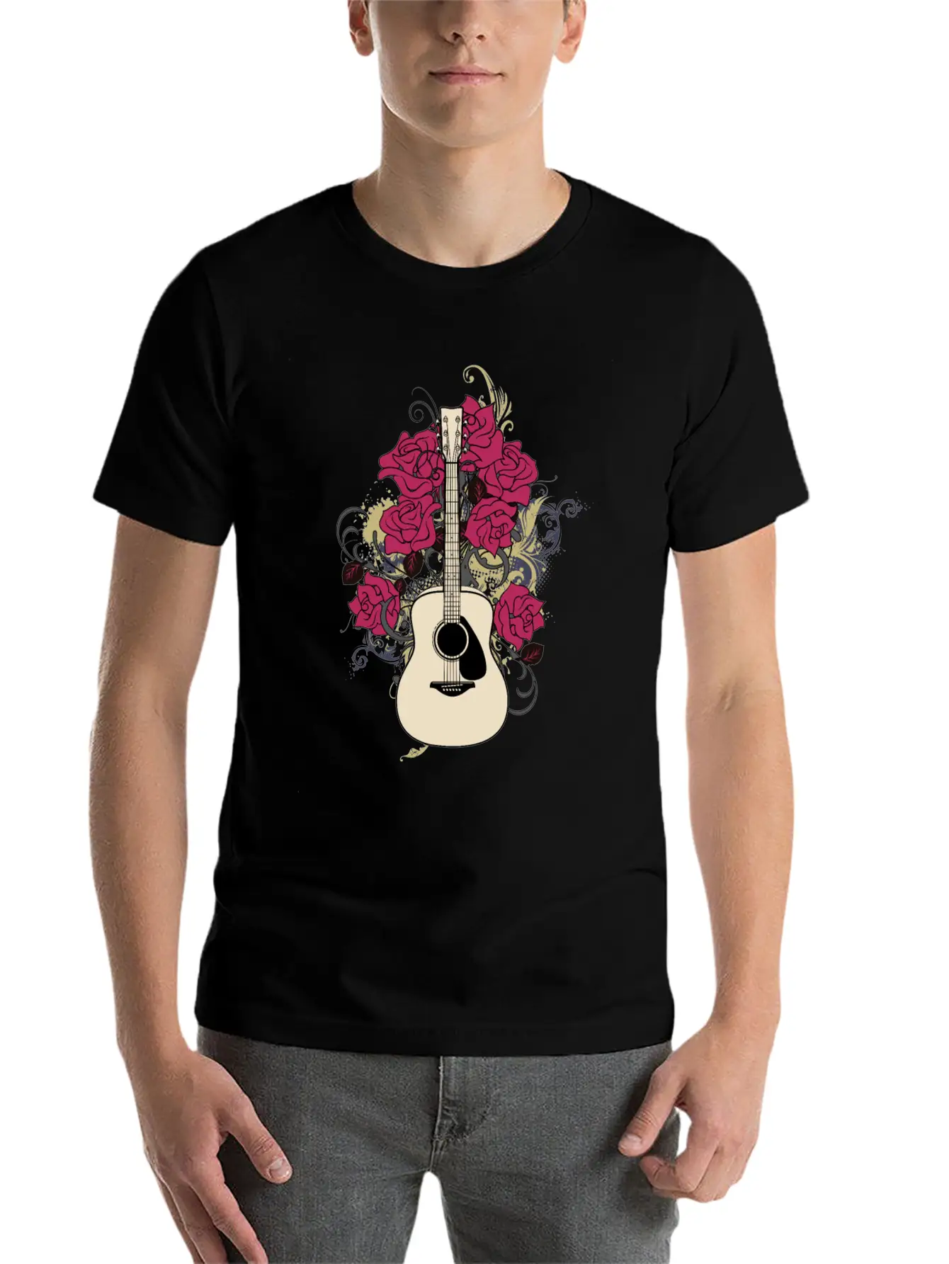 Acoustic Guitar Rose Lightweight Cotton T-Shirt – Daily Comfort Graphic Shirt