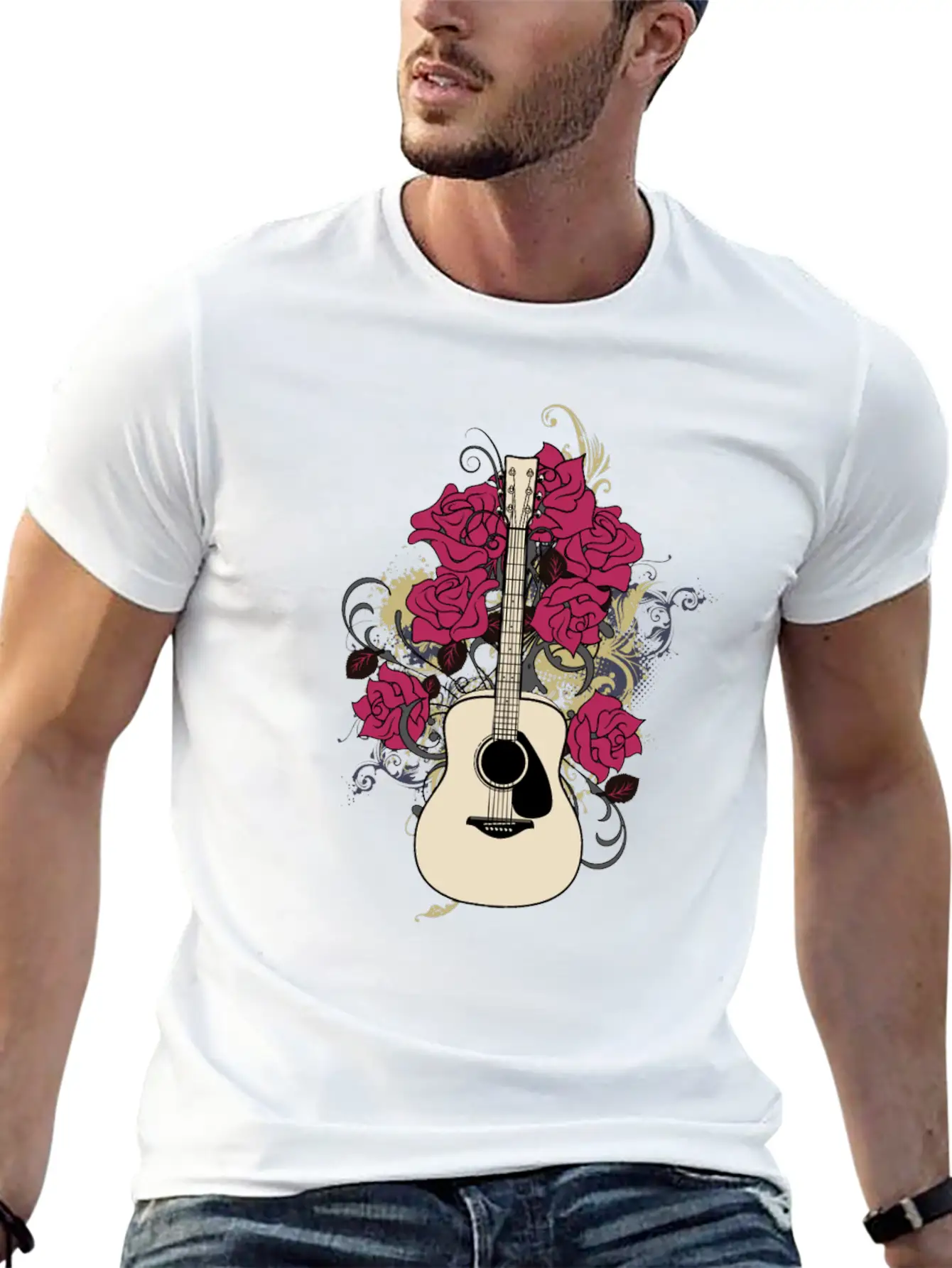 Acoustic Guitar Rose Lightweight Cotton T-Shirt – Daily Comfort Graphic Shirt