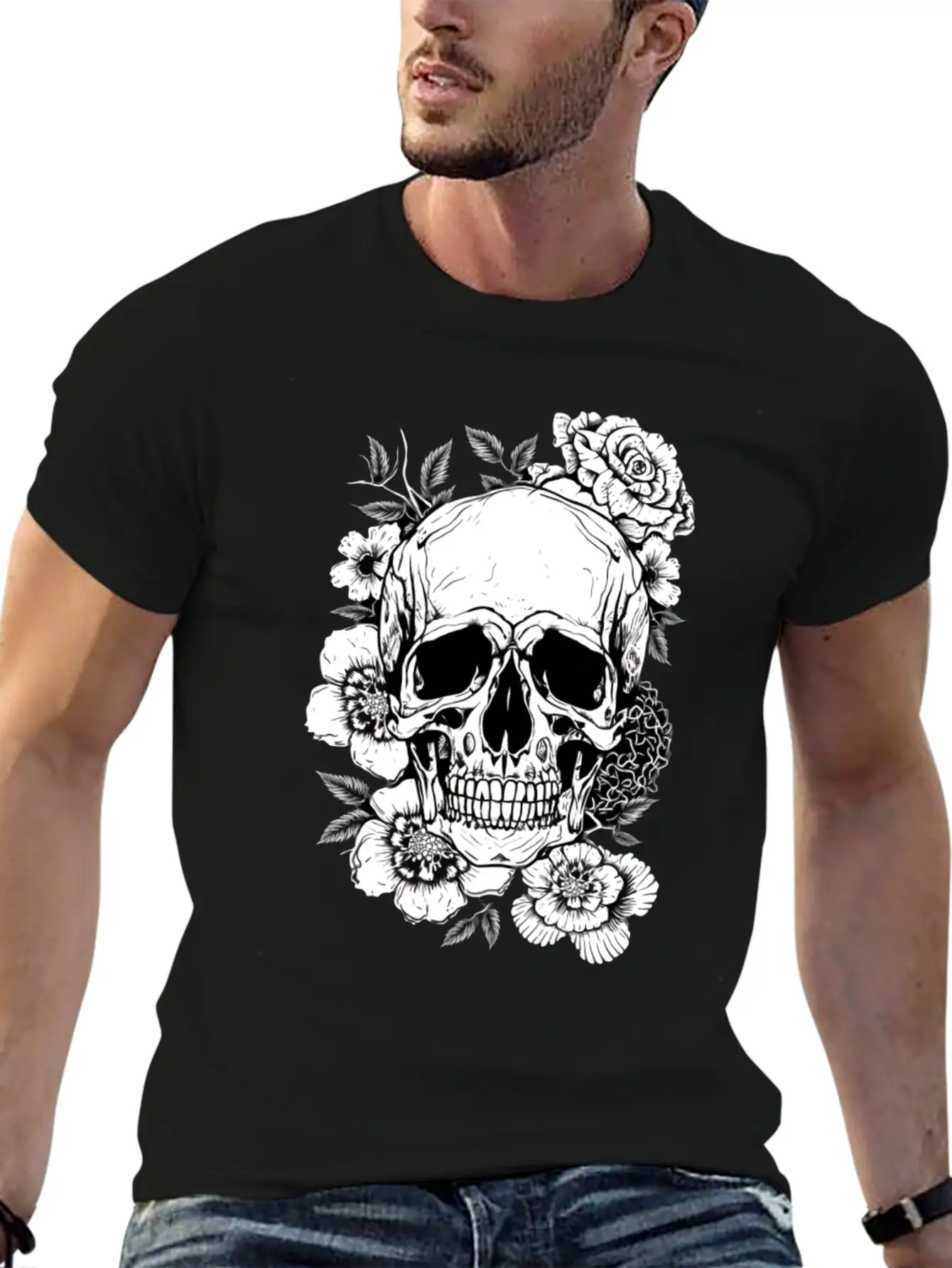 Aesthetic Flowers Skull Art Basic Graphic T-Shirt – Daily Comfort In Soft Cotton
