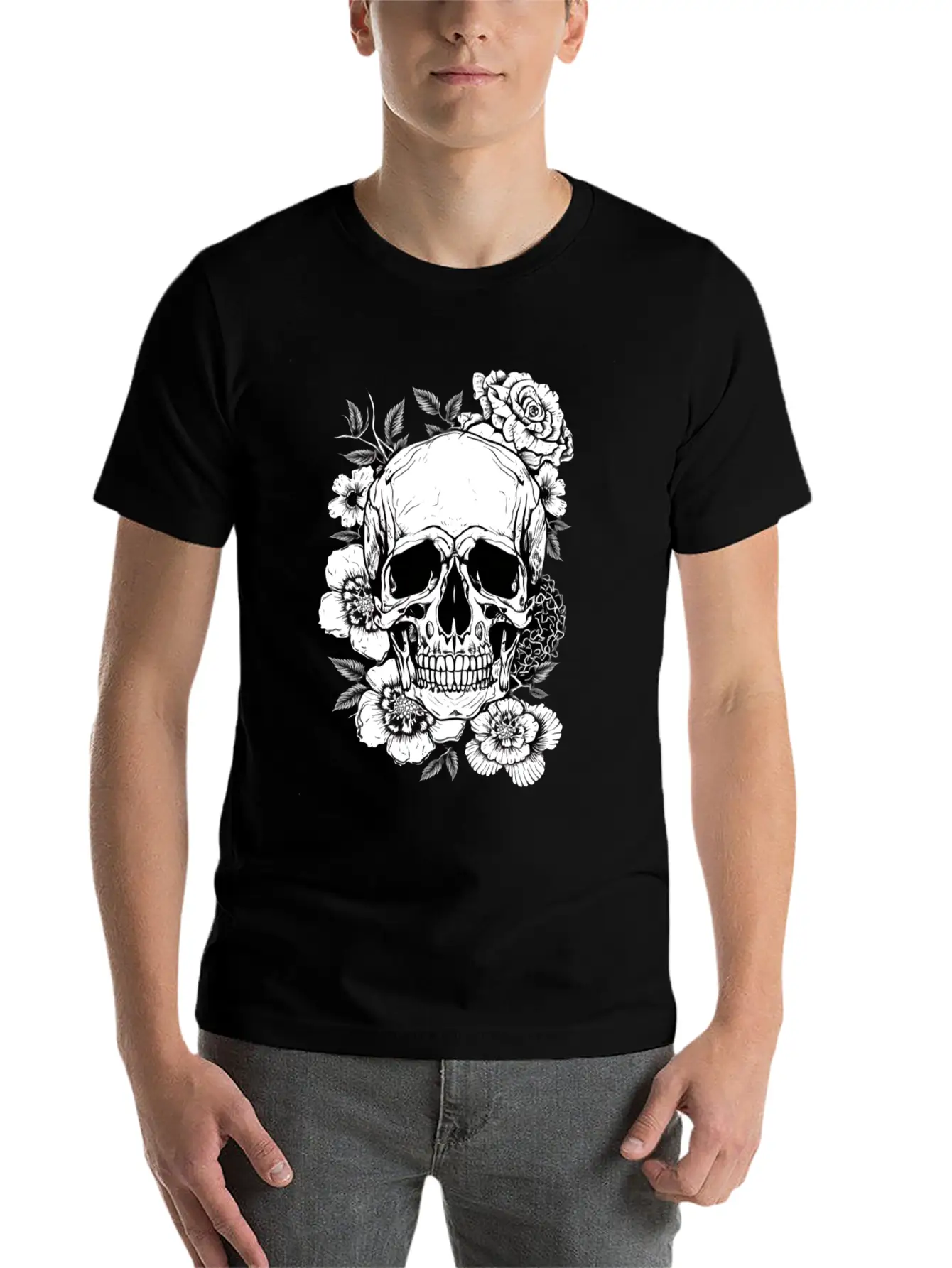 Aesthetic Flowers Skull Art Basic Graphic T-Shirt – Daily Comfort In Soft Cotton
