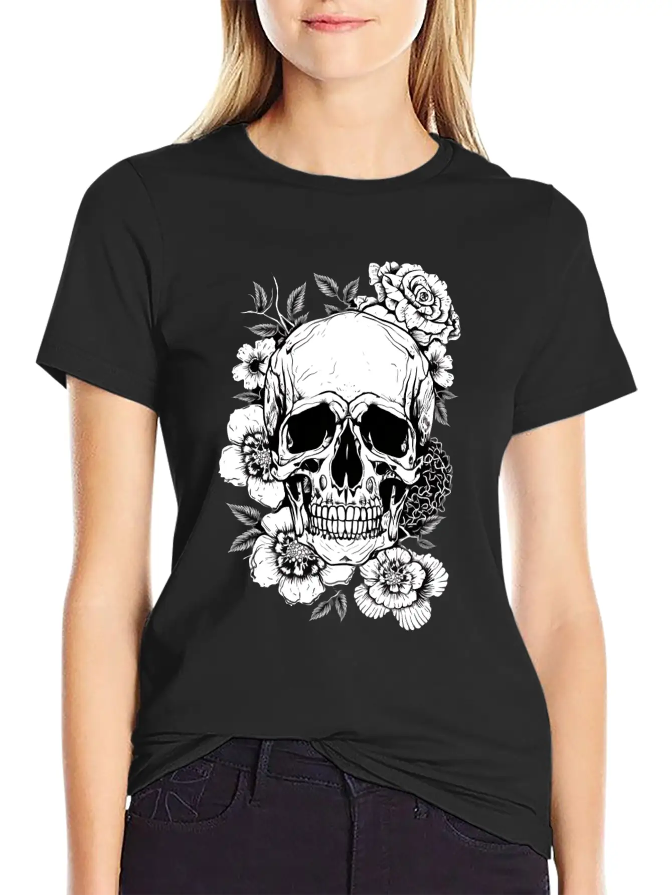 Aesthetic Flowers Skull Art Basic Graphic T-Shirt – Daily Comfort In Soft Cotton